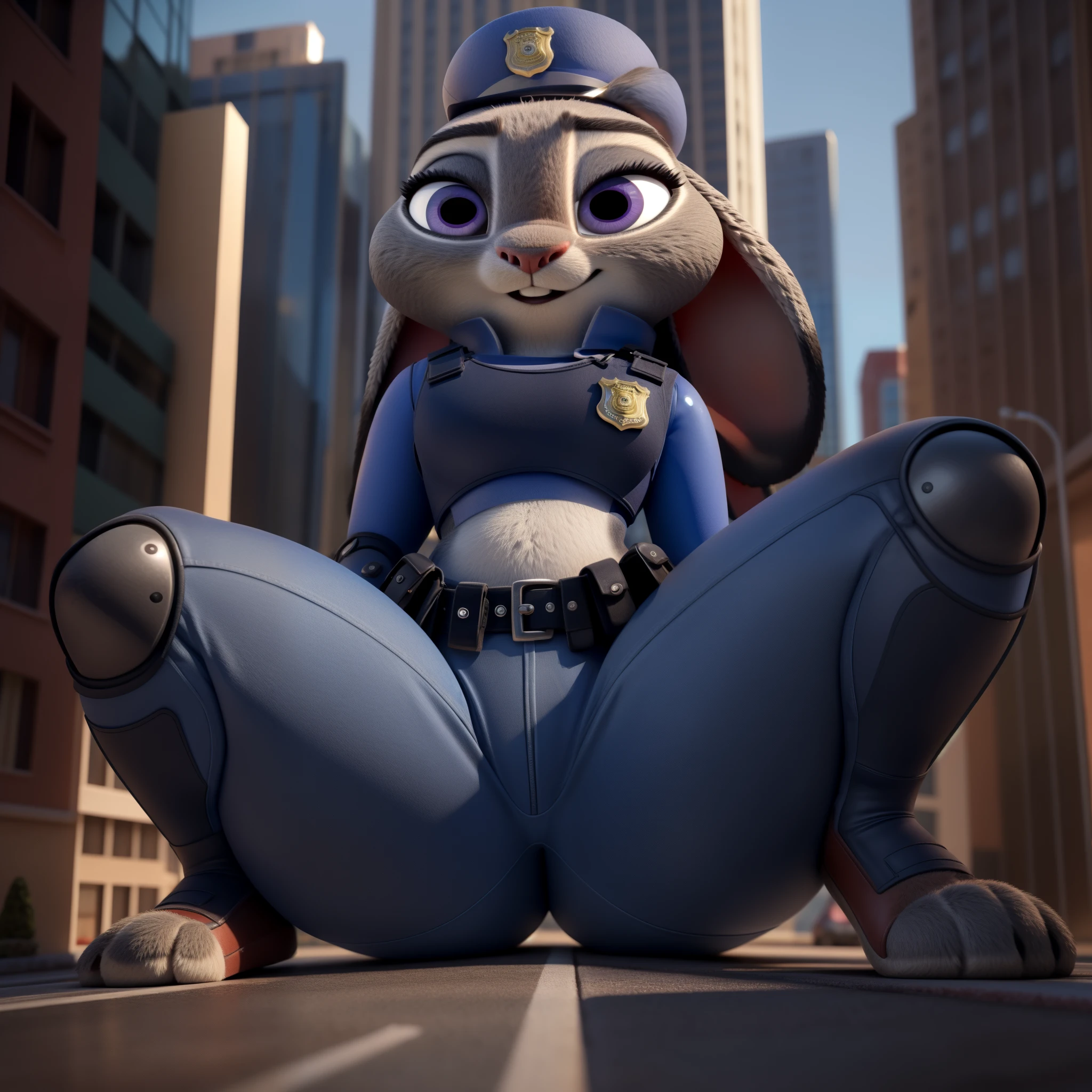 orejas hacia abajo, (Mejor calidad, Obra maestra:1), peluda hembra antro judyhopps, retrato, uniforme de policia, uniforme completo, cola de conejo, police belt, police badge, pantalones azules, sonrisa, ojos morados, pelaje del cuerpo, estilo pixar 3d, cuerpo completo, by qupostuv35, ((Macro)), ((wide hips)), on a zootopia, curvy ass, ((big thighs)), best quality, crossing legs, crushing thighs