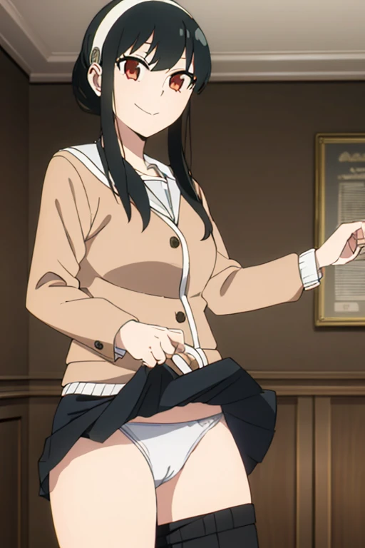(masterpiece, highest quality: 1.2), alone, 1 girl, alone, panties,,black,Sailor suit,blazer,your heather, smile, Mouth closed, View audience, Long black hair, head band, Earrings, Big Breasts, Medium Waist, Medium Hips, wide thighs, Embarrassing, charm, smiling with her Mouth closed, Good move..., Excellent anatomy,panties,classroom,,Sailor suit,blazer,skirt, (((skirtめくり, I can see your pants))),