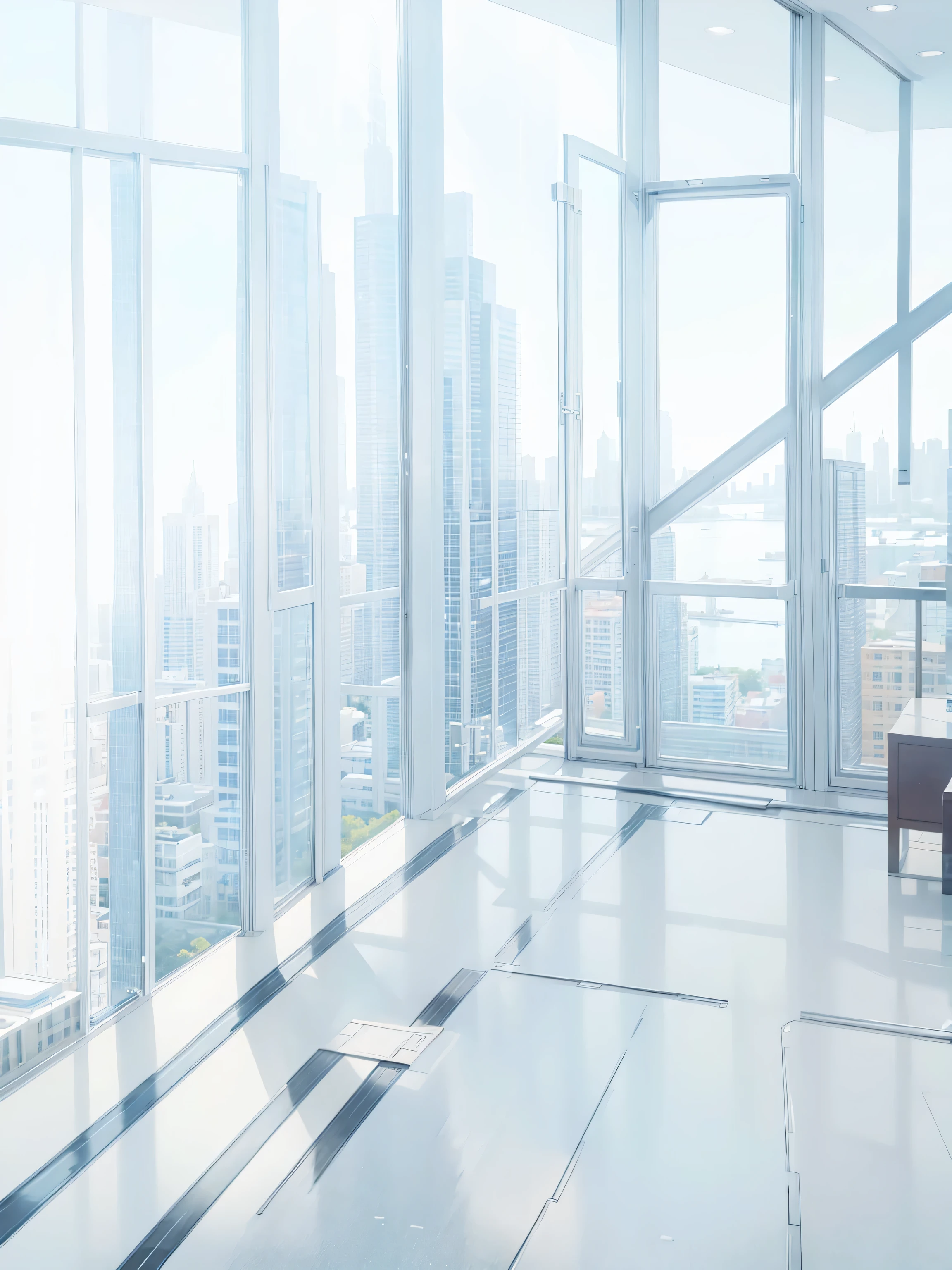 landscape, glass-walled skyscrapers in distance, blue sky, outside hallway