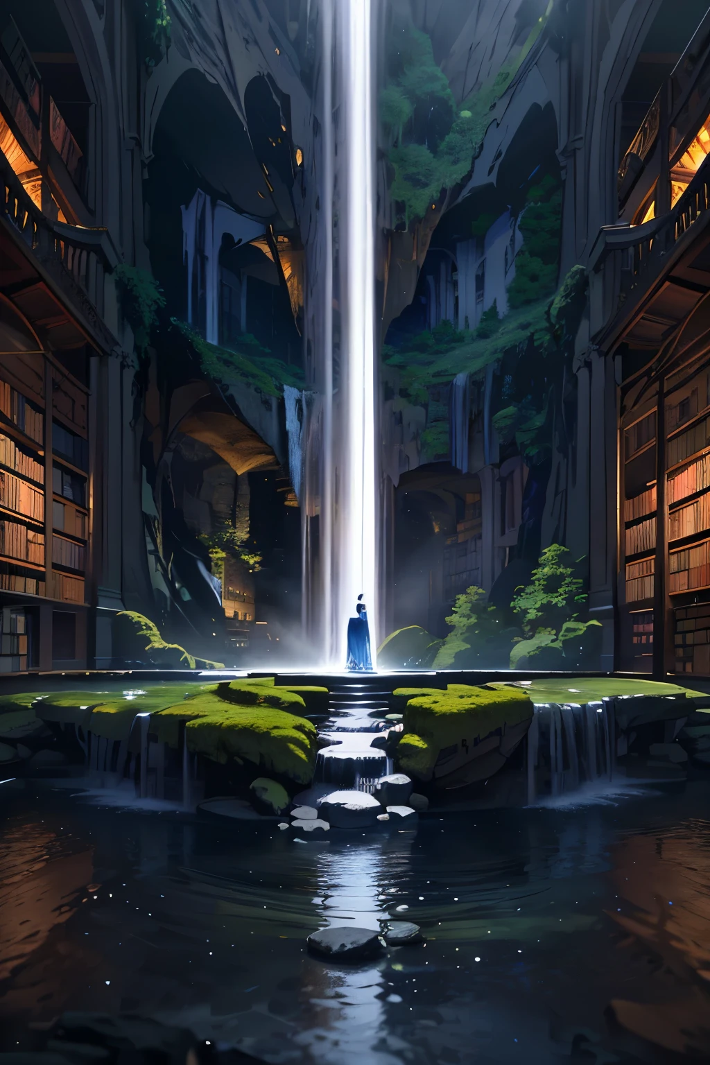 In the heart of an ancient and grand castle library, an endless waterfall comes to life in a magical and surreal environment. The waterfall cascades down from the highest shelves, filling the vast space with a mesmerizing and tranquil ambiance. The library, adorned with fancy bookshelves and thousands of old books, glows under the soft and ethereal light, creating an eternal and enchanting atmosphere.
This breathtaking scene is rendered in the highest resolution and best quality, with meticulous and realistic detail. Depth of field is expertly used to bring the waterfall and the closest bookshelves into focus, while the background blur makes the library appear endless. The reality
