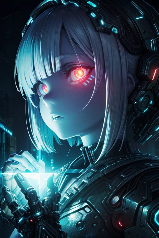 (BioPunk Girl:1.4), short mullet hairstyle, (Glowing scarlet eyes:1.2), (Translucent pale skin:1.4), No humans, Beautiful eyes with fine symmetry, bio body, (Intricate details:1.2), (Highly detailed face and eyes:1.2), (Super detailed skin quality feeling:1.4), No makeup, (dark circles:1.1), long canines, midnight aura, Creation of fantasy, Thrilling color schemes, posing, CG, (Delicate images), (Highly detailed), (high resolution), (Best quality), (masterpiece)