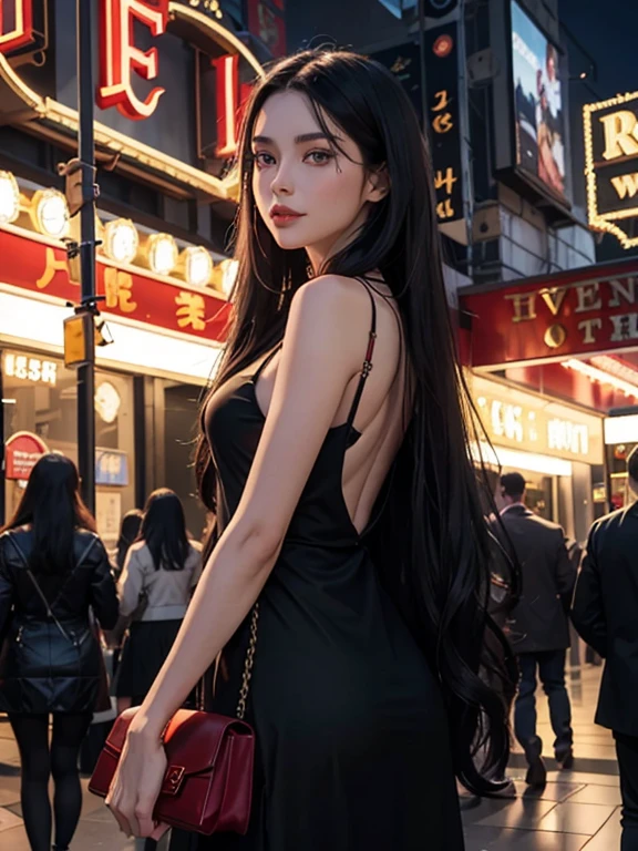 24 year old woman, long black hair, green eyes, tall, wearing a red long dress with no back, holding a black bag with both hands, outside a theatre, stylish