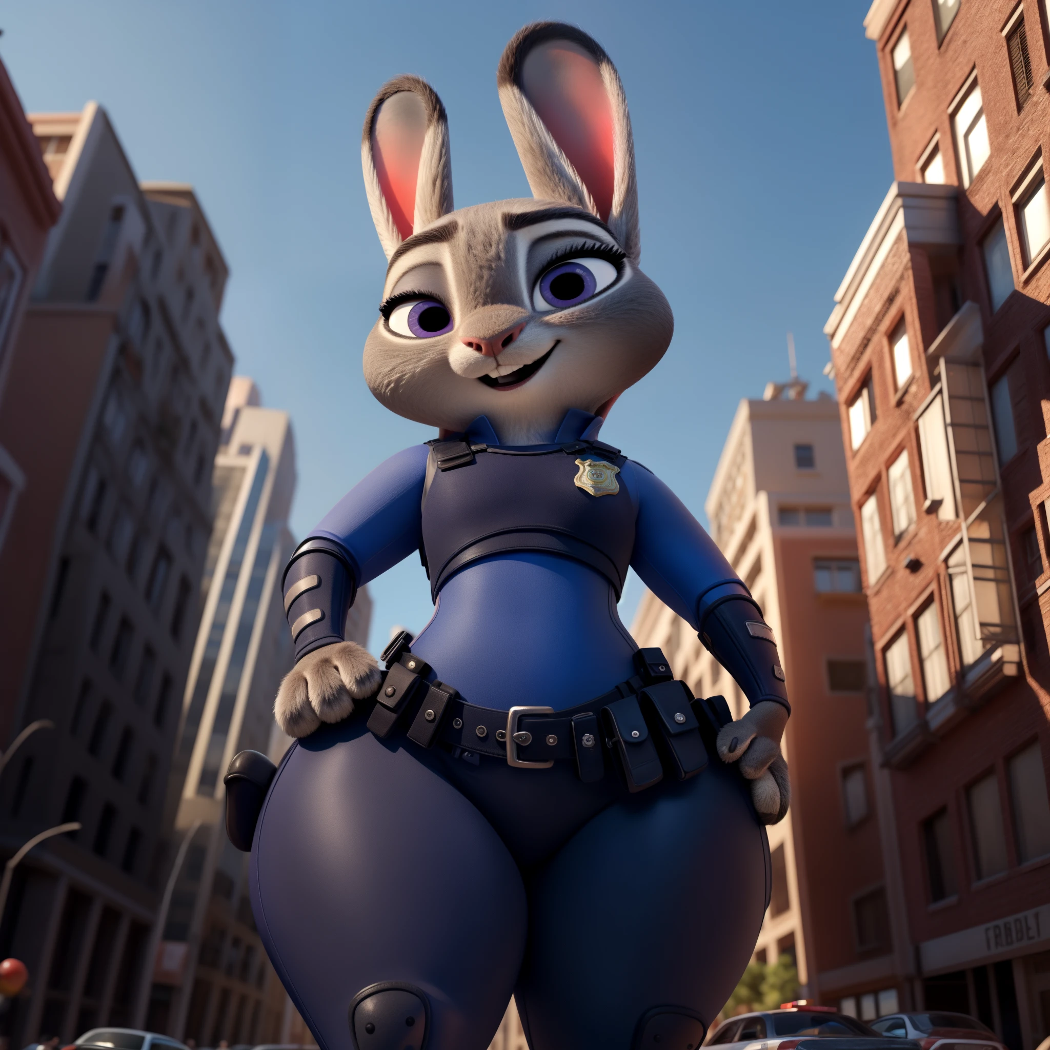 orejas hacia abajo, (Mejor calidad, Obra maestra:1), peluda hembra antro judyhopps, retrato, uniforme de policia, uniforme completo, cola de conejo, police belt, police badge, pantalones azules, sonrisa, ojos morados, pelaje del cuerpo, estilo pixar 3d, cuerpo completo, by qupostuv35, ((Macro)), ((wide hips)), on a zootopia, curvy ass, ((big thighs)), best quality, crushing thighs