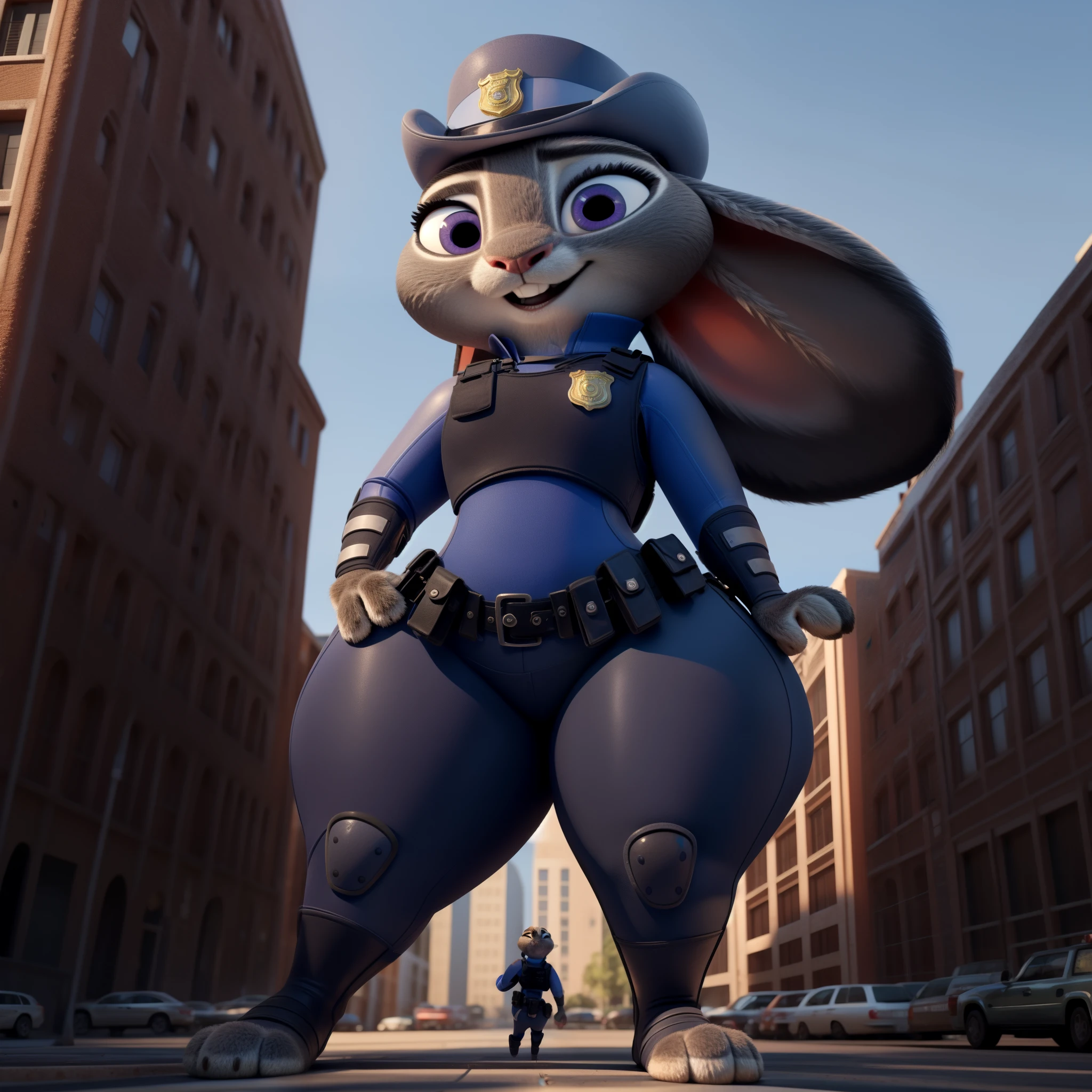 orejas hacia abajo, (Mejor calidad, Obra maestra:1), peluda hembra antro judyhopps, retrato, uniforme de policia, uniforme completo, cola de conejo, police belt, police badge, pantalones azules, sonrisa, ojos morados, pelaje del cuerpo, estilo pixar 3d, cuerpo completo, by qupostuv35, ((Macro)), ((wide hips)), on a zootopia, curvy ass, ((big thighs)), best quality, crushing thighs