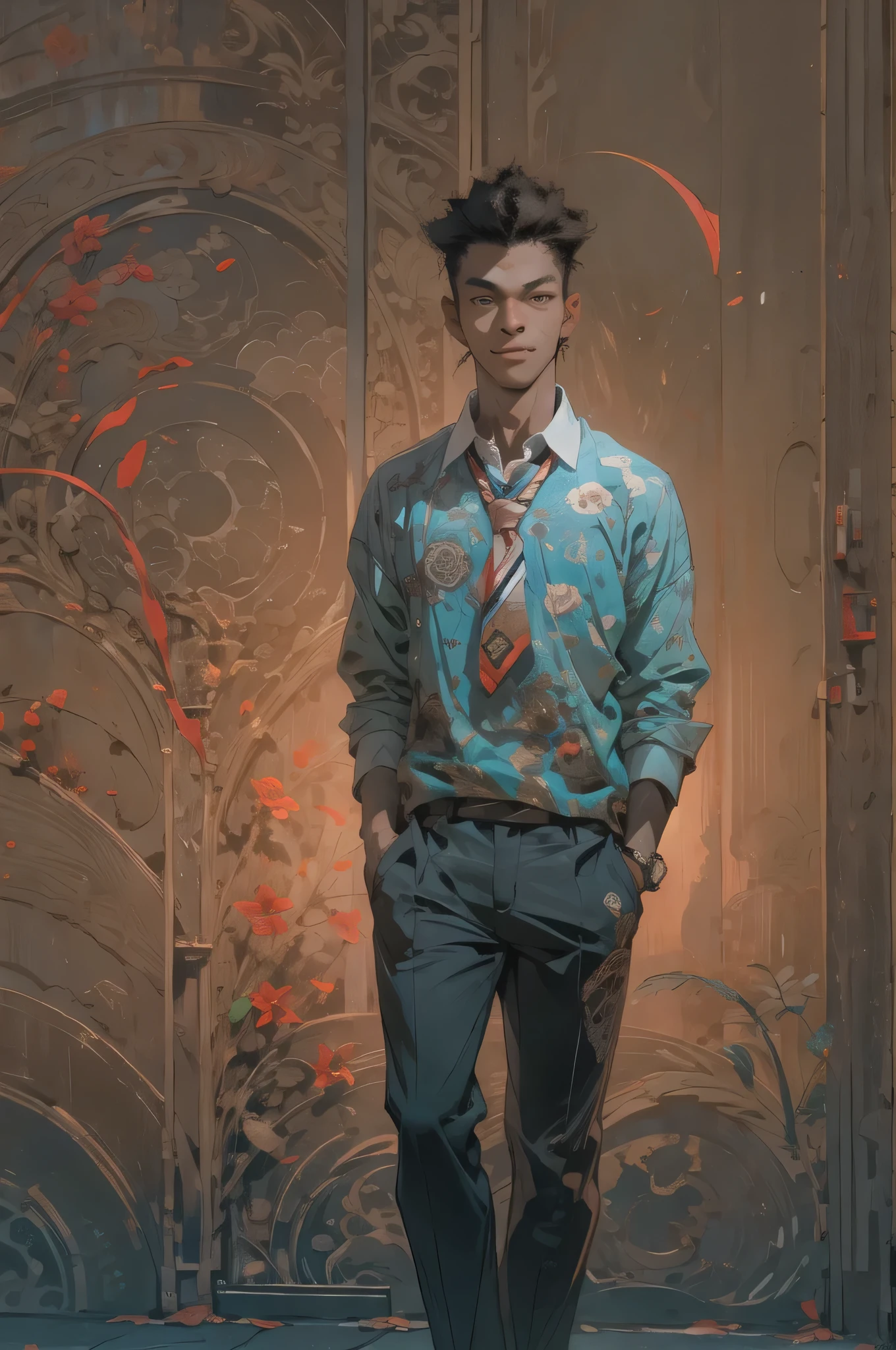 (best quality,realistic),(portrait:1.1),(one young man,20 years old,standing,on the pavement),(normal shape,brown color),(African hair),(not a giant),(smiling,in a shirt,(sweater),with a tie and anti-blue light)