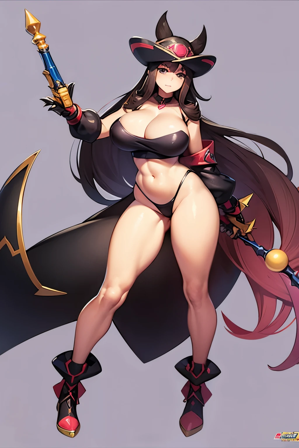 Concept art of pokemon fantasy woman, she has fat hips, incredible design and bid breasts , many clothes and have weapon, Pokémon, slim waist, fat hips and breasts