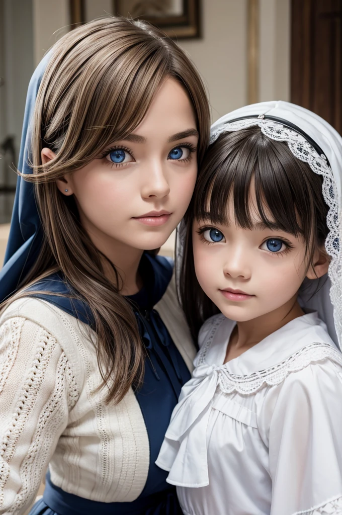 mother 30 years old and daughter 13 years old, perfect face, detailed face, blue eyes, europeans, casual, detailed face, curvy, pretty, white and black, dress with cape background: in house taboo