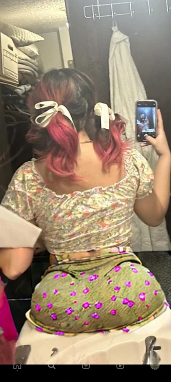 woman with pink hair taking a picture of herself in the mirror, wearing pink hair bow, pigtails, colorful pigtail, wearing underwear, with pink hair, wearing pink panties, back of the hair, roses in her hair, pink hair covered with hairpins, view from the back, curvy and bow, shot from the back, thick bow, insanely inflated hips, beautiful girl, big ass, huge ass, bbw, from behind, thick, thick thighs, wide hips, bbw, big , sideboob, giant ass, side view, big butt, round butt, tight underwear, underwear halfway off, underwear taking off, grabbing ass, ass spilling over underwear, too thick for clothes, side angle, chubby stomach, big , filipina, fat ass on sink