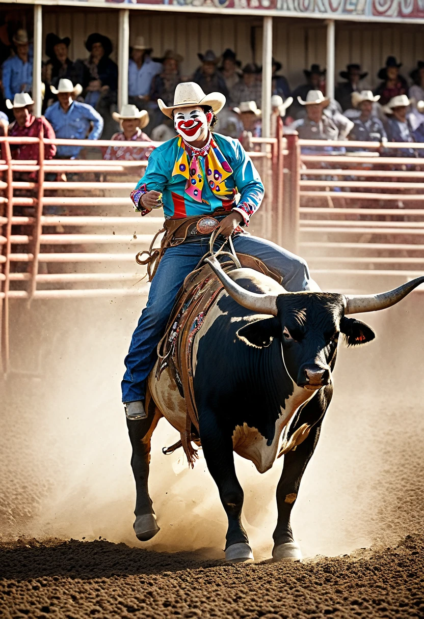 Generate a photograph of a rodeo clown riding bulls in Hidalgo