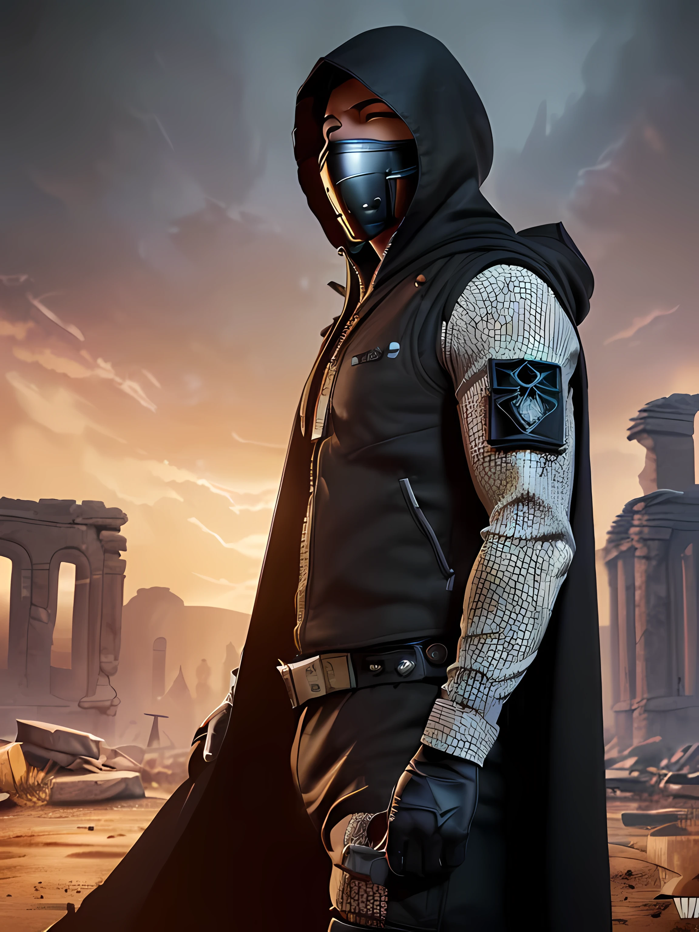 (extremely detailed computer graphics unity 8K wallpaper), (masterpiece), (Best quality:1.2), (a high resolution), (illustration:1.1), (cinematic light:1.1), finely detailed, complex parts, (best illustration), 8K resolution, complex parts, Best quality, realistic, ultra detailed, better lighting, best shadow, Ultra-HD, Cryomotor, ultra HD, (Detailed reflection), detailed shadows, (((complex parts))), smooth, ((perfect shading)), High-quality metal texture, Metallic luster, highly detailed illustration, (semi realistic:1.6), (wide_shot:1.2), (from below, Dutch_corner), Dutch corner, ((cowboy shot)), (((1 man:1.5))), (with a sword), (((athletic man))), ((courageous:1.5)), ((half-closed eyes)), (Grey eyes), very detailed face, (((Short slicked-back hair:1.1))), ((black clothes)), ((high quality black tactical equipment, black tactical vest)), Clothes flutter in the wind, (urban_technical clothing + black_gloves), (((hood))), (stalker \\(warframe\\), ((beautifully detailed metallic black scull a mask)), ((intricate, beautifully detailed jackal_scull_a mask)), ((tactical vest + tactical equipment)), (Survival equipment), black clothing, Wellingtons, (long black coat), (((wearing highly detailed torn black cloak))), Perfect hands, Archangel, Half-demon, complex background, динамичный camera corner, The Blood Rain Behind, (warzone), (((High-quality detailed ruins))), (depth of field), ((cinematic lighting)), ((horror)), ((dark fantasy)), a Lovecraftian, spot color, monotone, red, blood spatter, (better lighting), (hyper complex parts), ((ultra detailed)), 4k unity, (extremely detailed computer graphics:1.2), (8K:1.1), ((kind of landscape)), ArtStation, ((Sui Ishida, by Wenjun Lin, Stephen Morrell)), dystopian art, apocalypse art, ((semi-realistic