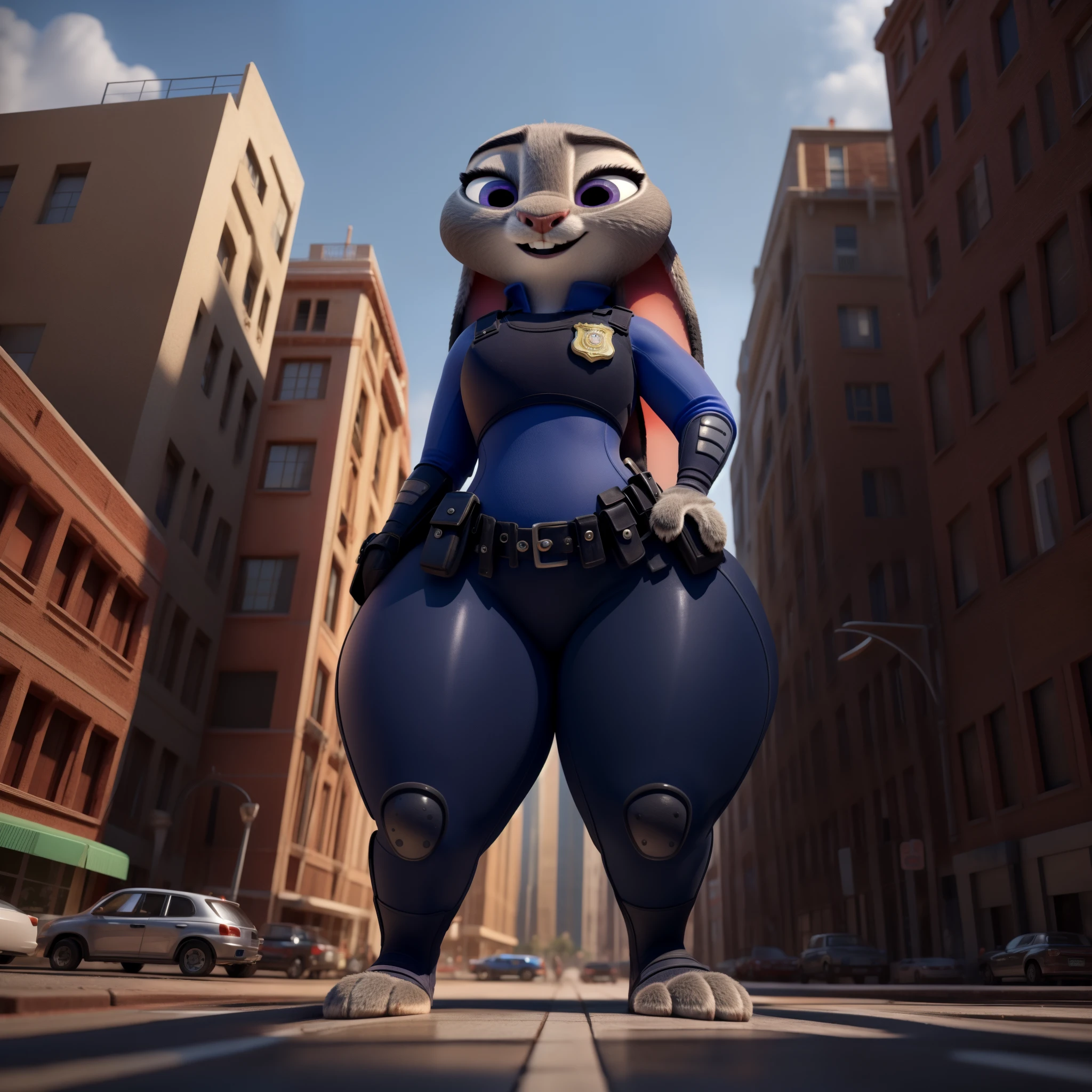 orejas hacia abajo, (Mejor calidad, Obra maestra:1), peluda hembra antro judyhopps, retrato, uniforme de policia, uniforme completo, cola de conejo, police belt, police badge, pantalones azules, sonrisa, ojos morados, pelaje del cuerpo, estilo pixar 3d, cuerpo completo, by qupostuv35, ((Macro)), ((wide hips)), on a zootopia, curvy ass, ((big thighs)), best quality, crushing thighs