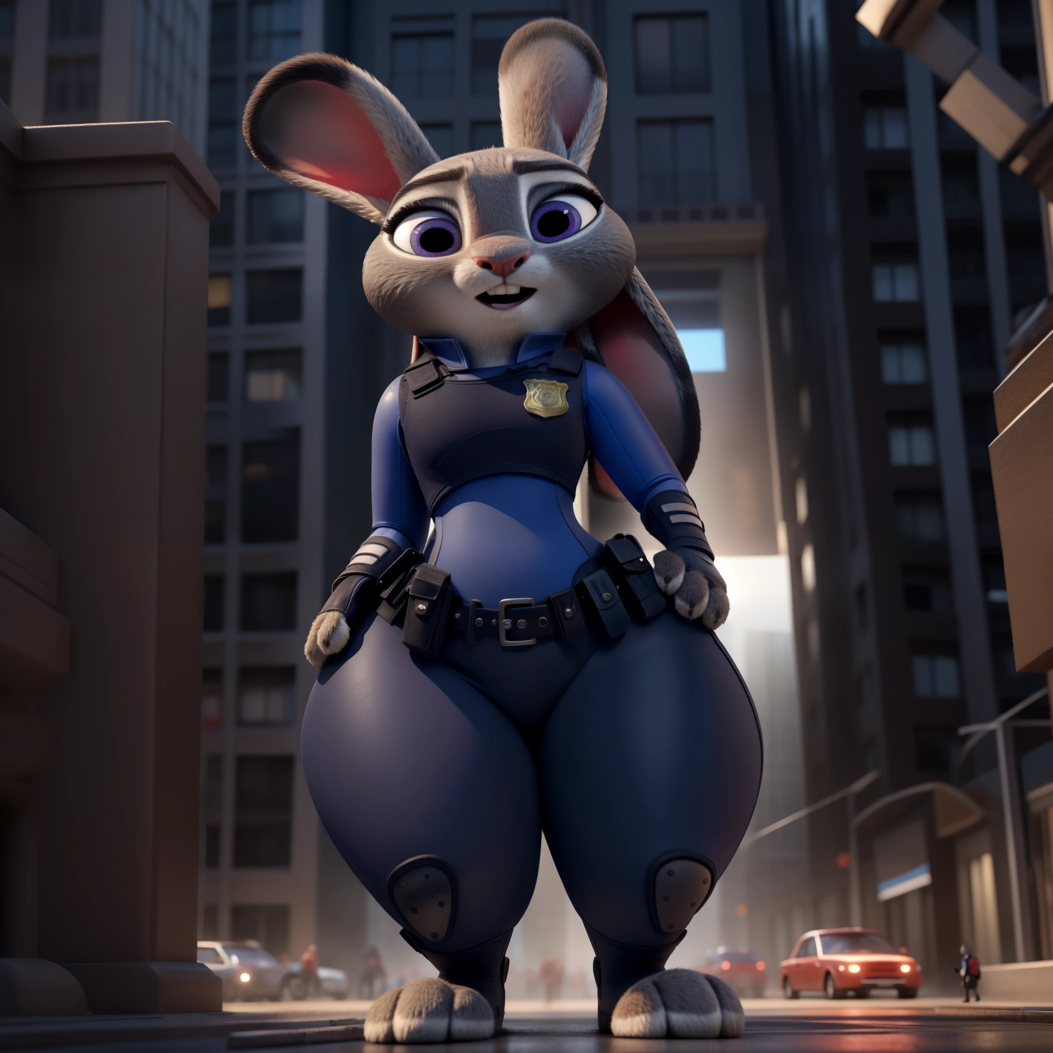 orejas hacia abajo, (Mejor calidad, Obra maestra:1), peluda hembra antro judyhopps, retrato, uniforme de policia, uniforme completo, cola de conejo, police belt, police badge, pantalones azules, sonrisa, ojos morados, pelaje del cuerpo, estilo pixar 3d, cuerpo completo, by qupostuv35, ((Macro)), ((wide hips)), on a zootopia, curvy ass, ((big thighs)), best quality, crushing thighs