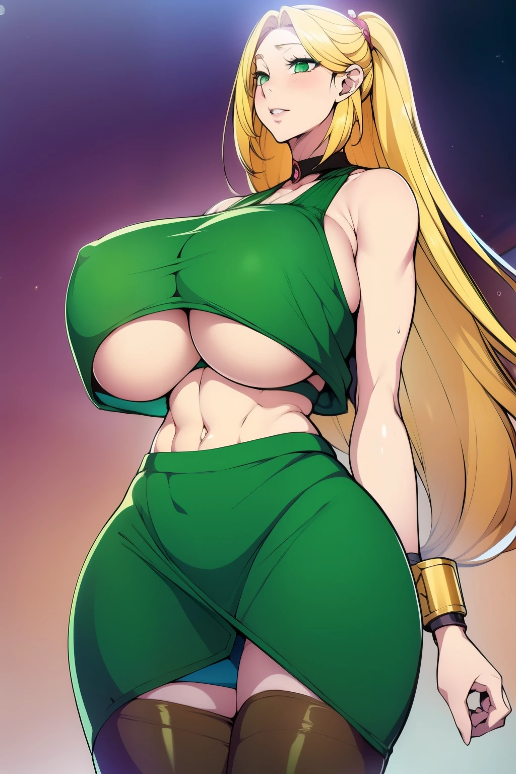 An anime-style artwork depicting Kousaka Shizuru from the game Honkai star rail.

Tags: Kousaka Shizuru, anime, detailed eyes, detailed lips, ass, bare shoulders, (blonde hair:1.4), (green crop top : 1.1), green skirt, long hair,  solo, huge breasts,  (green eyes:1.1),,gold jewelry, gold bracelet, smiling expression, intense gaze, dynamic pose, jungle, vibrant colors, digital art, high-resolution, professional quality, gigantic breasts, (underboob : 1.4), curvy, cowboy shot, (gigantic breasts: 1.4),
