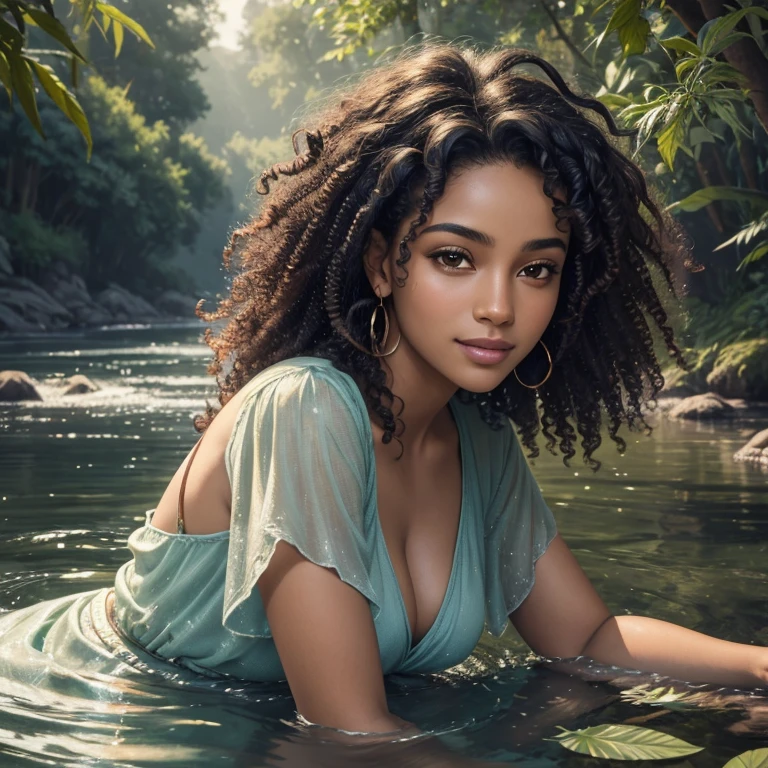 (best quality,4k,8k,highres,masterpiece:1.2),ultra-detailed,realistic,portrait,painting,a beautiful dark-skinned mixed-race woman with curly hair sitting by a river next to a cannabis plant,vivid colors,soft lighting,green tones,cannabis leaf,river,detailed curly hair,sparkling water reflection,Woman with stunning features enjoying the peacefulness of a riverbank,peaceful atmosphere,tranquility,bright sunlight,serene expression,subtle makeup,ethereal beauty,harmonious nature blend, dreamlike,realistic portrait,charming smile,beauty in nature,medium:charcoal painting,medium:oil painting,hazy background,dreamy atmosphere,gentle breeze,leisurely relaxation,water ripples,curly locks framing her face