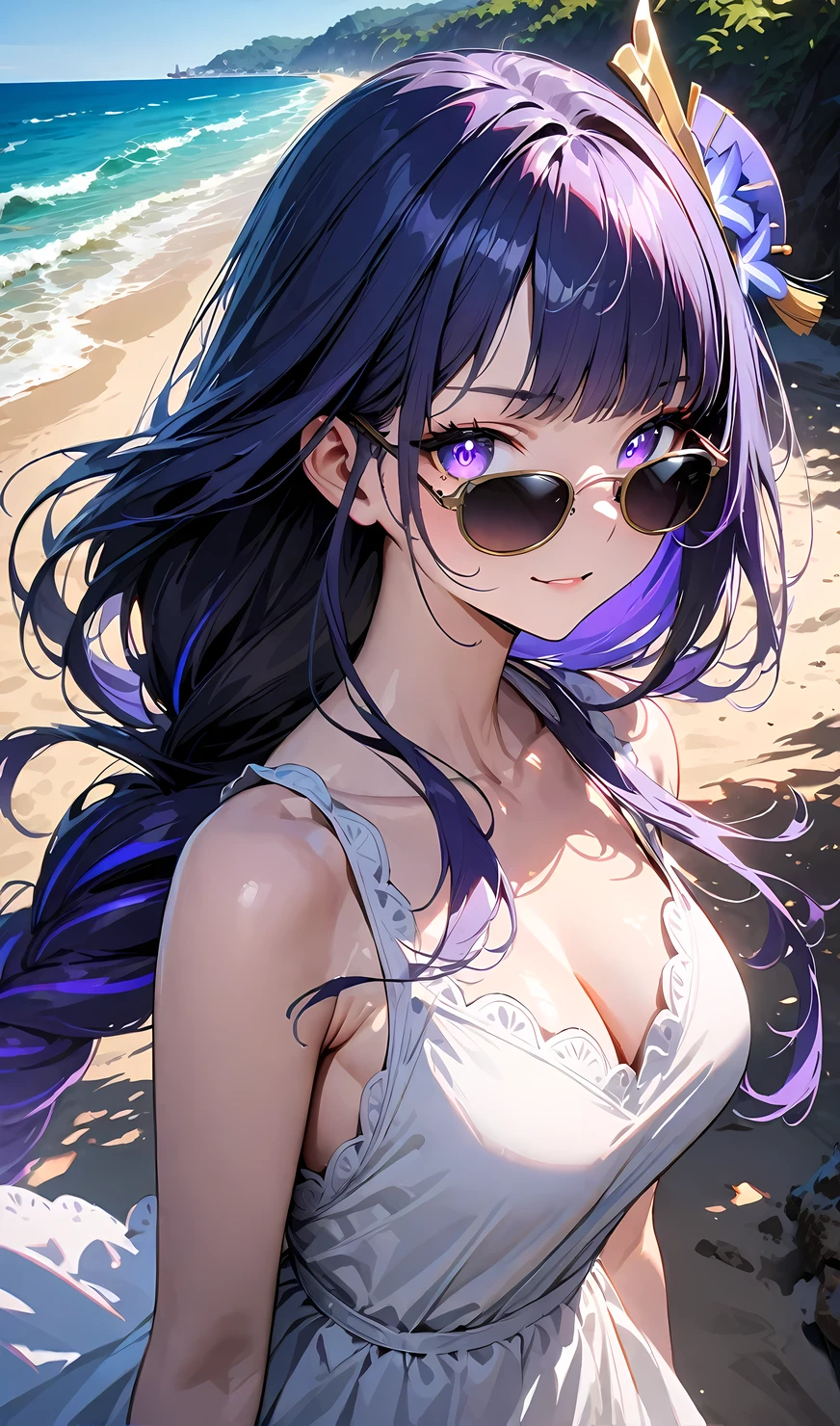 Realistic、1girl、(forced smile1.3),(cute face:1.5),(tareme:1.3),(black hair purple hair hair gradient hair:1.3),(purple eyes)、(kind eyes:1.3)、open stance,(middle hair),( portrait:1.3,face focus:1.3,upper body),(black enamel micro bikini:1.3)、(medium breasts),(midsummer beach:1.3)