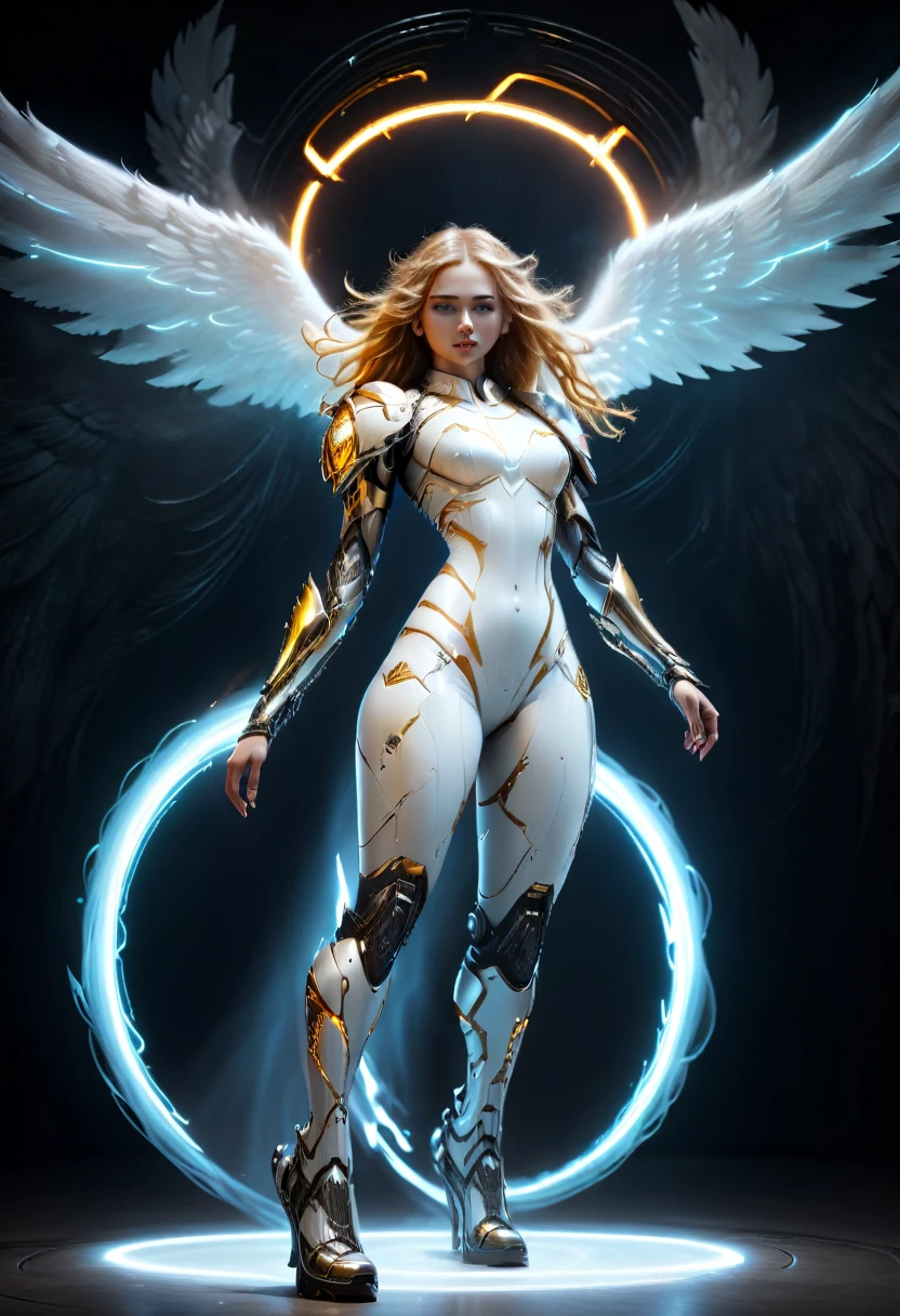In the darkness, a woman's figure is illuminated by a circular light that frames her head, 18 year old angelic female, complete body, Caucasian skin, short, body, biomechanical body, bio mechanical arm's, curved lips, long fire hair, bio mechanical legs, battle Valhalla background, ultra detailed lighting, larg anglic wings, ultrarealistic, 8k, neon gold eyes,