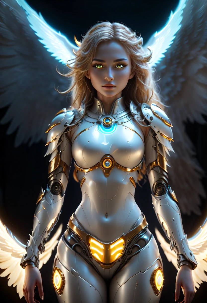 In the darkness, a woman's figure is illuminated by a circular light that frames her head, 18 year old angelic female, complete body, Caucasian skin, short,  body, biomechanical body, bio mechanical arm's, curved lips, long fire hair, bio mechanical legs, battle Valhalla background,  ultra detailed lighting, larg anglic wings,  ultrarealistic, 8k, neon gold eyes, 