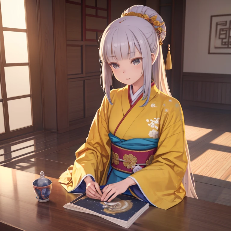 A woman in her fifties wearing a yellow kimono sitting on a shelf, palace ， Girl in Hanfu, Realistic Anime 3D Style, Gweiz style artwork, Beautiful character drawings, 3D Anime Real, Trending on cgstation, Anime-style 3D, Wearing Ancient Chinese Clothing, chinese girl, Artjam and Athi Gairan