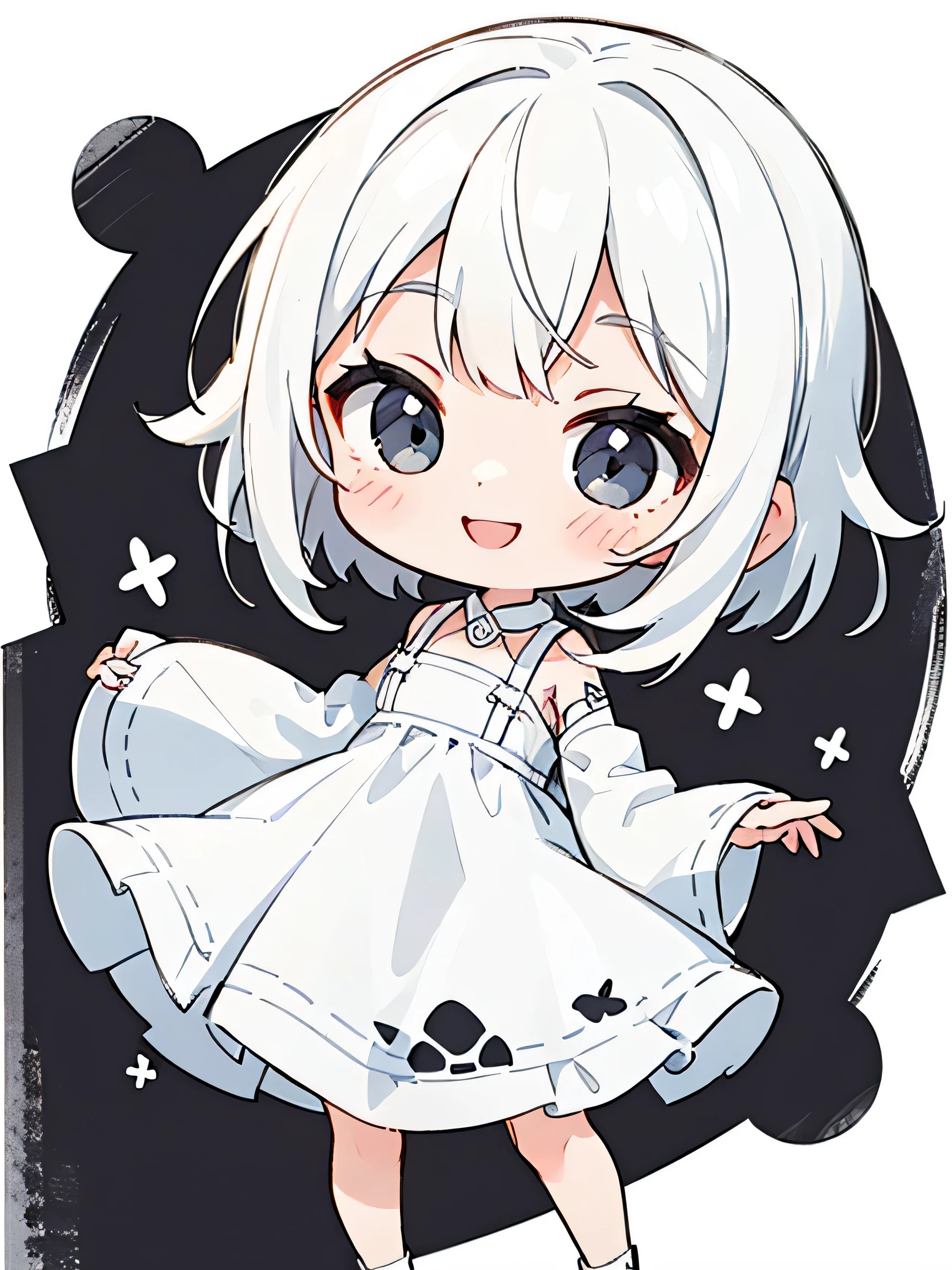 ((Black and white picture)) ((girl smiling in a white dress)) Kawaii Design, The Most Beautiful Girl in the World, chibi, White hair, a lot of details