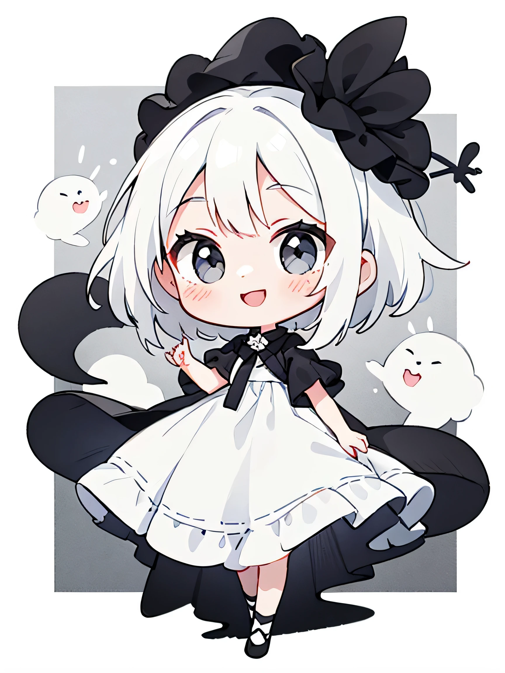 ((Black and white picture)) ((girl smiling in a white dress)) Kawaii Design, The Most Beautiful Girl in the World, chibi, White hair, a lot of details
