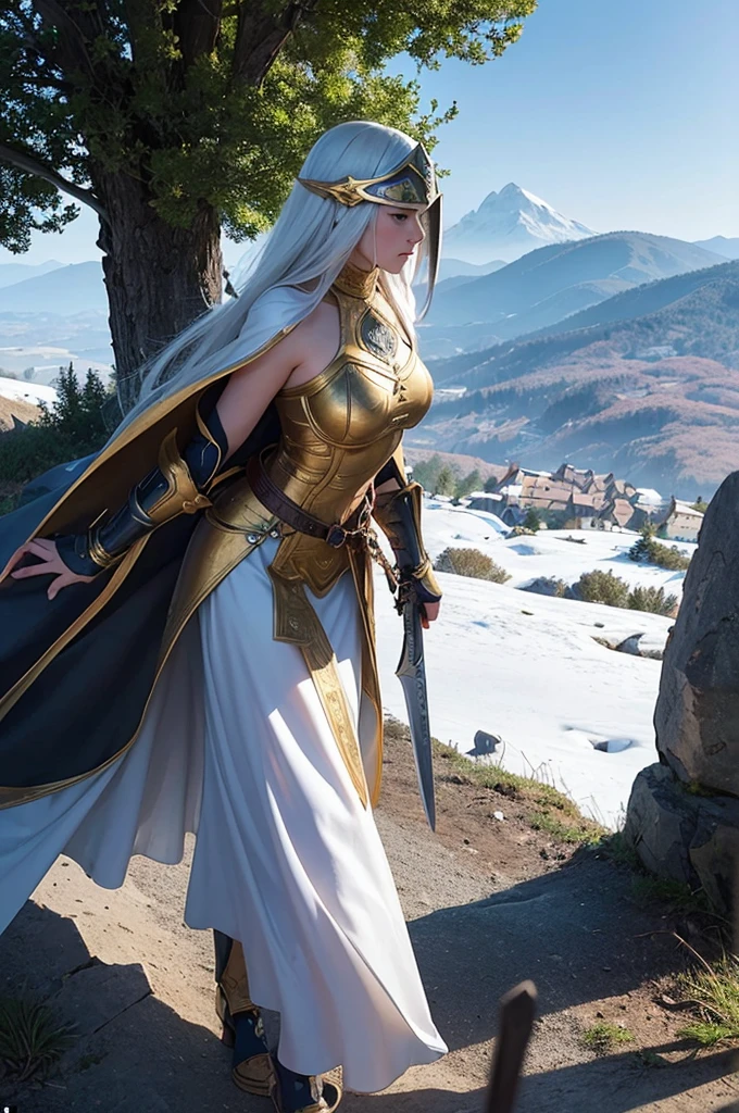 At the top of a steep hill, against the twilight horizon, an imposing figure stands with majesty. A woman, wearing full armor, stands at the highest point of the terrain, gazing determinedly into the valley below. Her helmet is adorned with intricate details, with a visor that reveals only her resolute eyes, shining with the golden light of the setting sun. Her armor, polished to an impeccable shine, is a masterpiece of craftsmanship, each plate meticulously forged to offer maximum protection without compromising mobility. Each piece gleams as it reflects the last rays of sunlight, creating a striking contrast with the somber landscape around her. In her right hand, she holds a longsword, whose gleaming blade seems eager to challenge any adversary that dares to cross her path. In the left, a shield adorned with a familiar crest, symbol of her lineage and heritage. The wind gently stirs the cape that envelops her shoulders, highlighting her firm and confident posture. She is a fearless warrior, a defender of her realm and her people, ready to face any challenge that fate may hold. Around her, the medieval scenery unfolds in all its grandeur. Castle towers rise against the orange-tinted sky, while verdant fields stretch as far as the eye can see. The distant sound of church bells and the clashing of swords echo through the air, reminding her of the constantly conflicted world she has sworn to protect. In this solemn moment, she prepares to descend the steep slope toward the valley below, where destiny awaits with its challenges and dangers. But she does not falter; her heart is filled with courage and determination, ready to face any battle that life may present her.