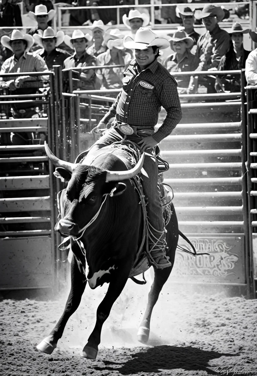 Generates a black and white photograph of bull riding in Hidalgo