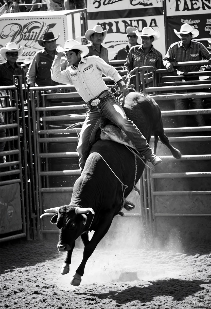 Generates a black and white photograph of bull riding in Hidalgo