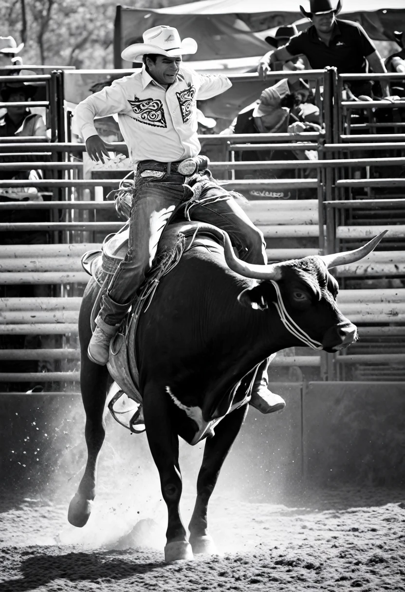 Generates a black and white photograph of bull riding in Hidalgo