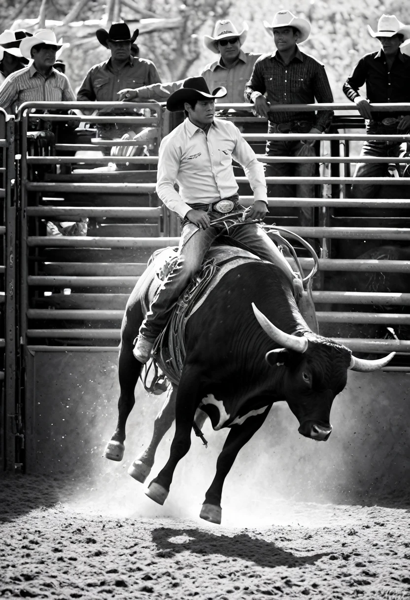 Generates a black and white photograph of bull riding in Hidalgo