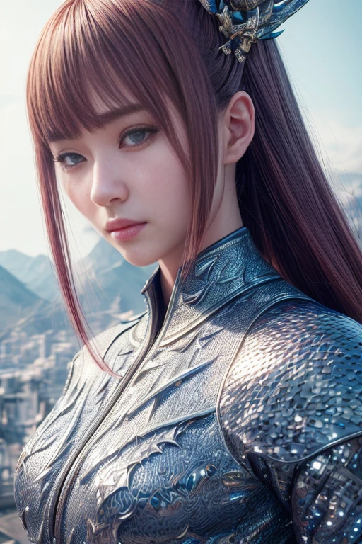 (high quality), (masterpiece), (detailed), 8K, Hyper-realistic portrayal of a futuristic (1girl1.2), Japanese character adorned with dragon scales. Meticulous details capture the seamless blend of tradition and innovation in this visually stunning composition. Trending on Artstation.