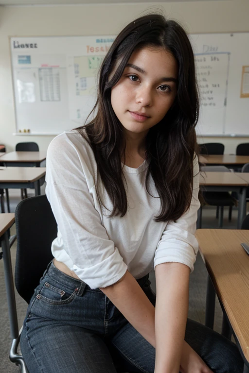 a girl with straight black hair posing sitting on a chair in a classroom