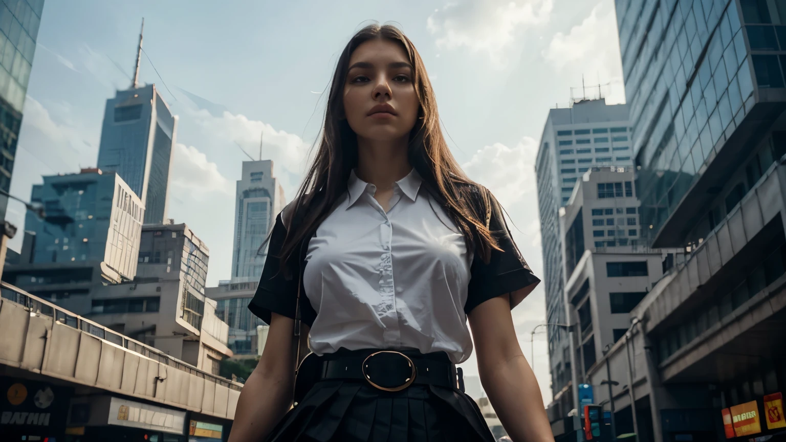 Realistic, Full body, a Towering Giant in ((Russian University Uniform)), white shirt, short sleeves, black color pleated skirt, brown belt, small breasts, looking at viewers, she lean and slender body. She seems to be casually strolling through the bustling cityscape of Bangkok City, Hand leaning on building, as towering buildings loom head level, clouds roil around her, skytrain, add to the sense of epic scale and drama, People around her They all panicked, The lighting is dark and realistic, creating a tense atmosphere. The perspective is from below, emphasizing the sheer majesty and power of the a Towering Giant.