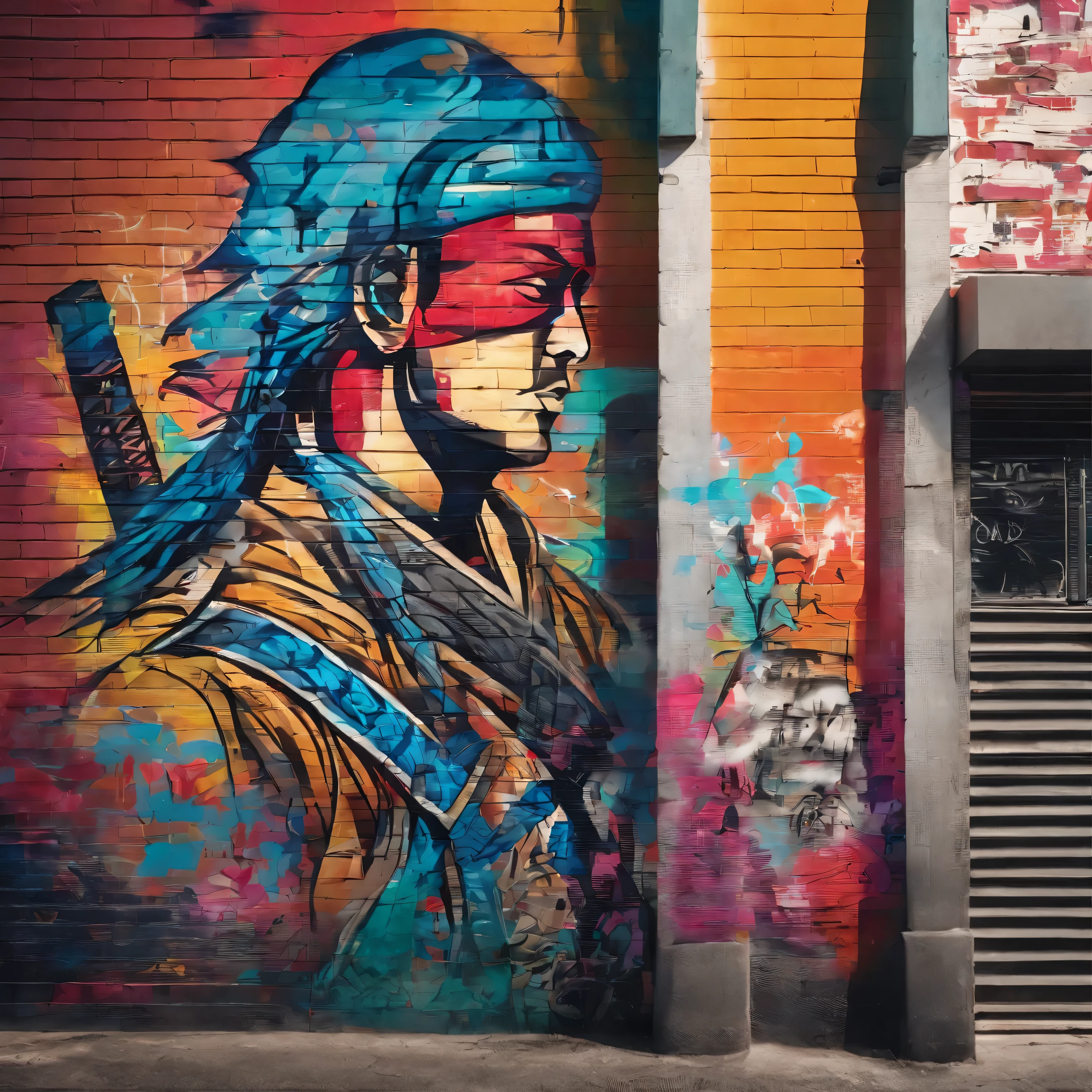GROUND shot view, GRAFFITI DRAWING OF A SAMURAI ON THE WALL OF A BUILDING, 3D style、SPRAY PAINT, (graffiti wall)、UTRA DETAILED ARMOR, ULTRA DETAILED SWORD, hyper-detailed art、award-winning work, IMPACTFUL VISUAL, outdoor ARTWORK, CINEMATIC LIGHTING, ARTISTIC DETAILS, DYNAMIC SHADOWS ,ATMOSPHERIC EFFECTS, GRAFITI TEXTURES, HIGH-DEFINITION, IMMERSIVE ENVIRONMENT, SUBTLE COLOR GRADING, AUTHENTIC ATMOSPHERE, DETAILED TEXTURES, award winning ARTWORK, MASTERPIECE ARTWORK, trending on artstation, HDR, UHD, 4K, BY EDUARDO KOBRA.