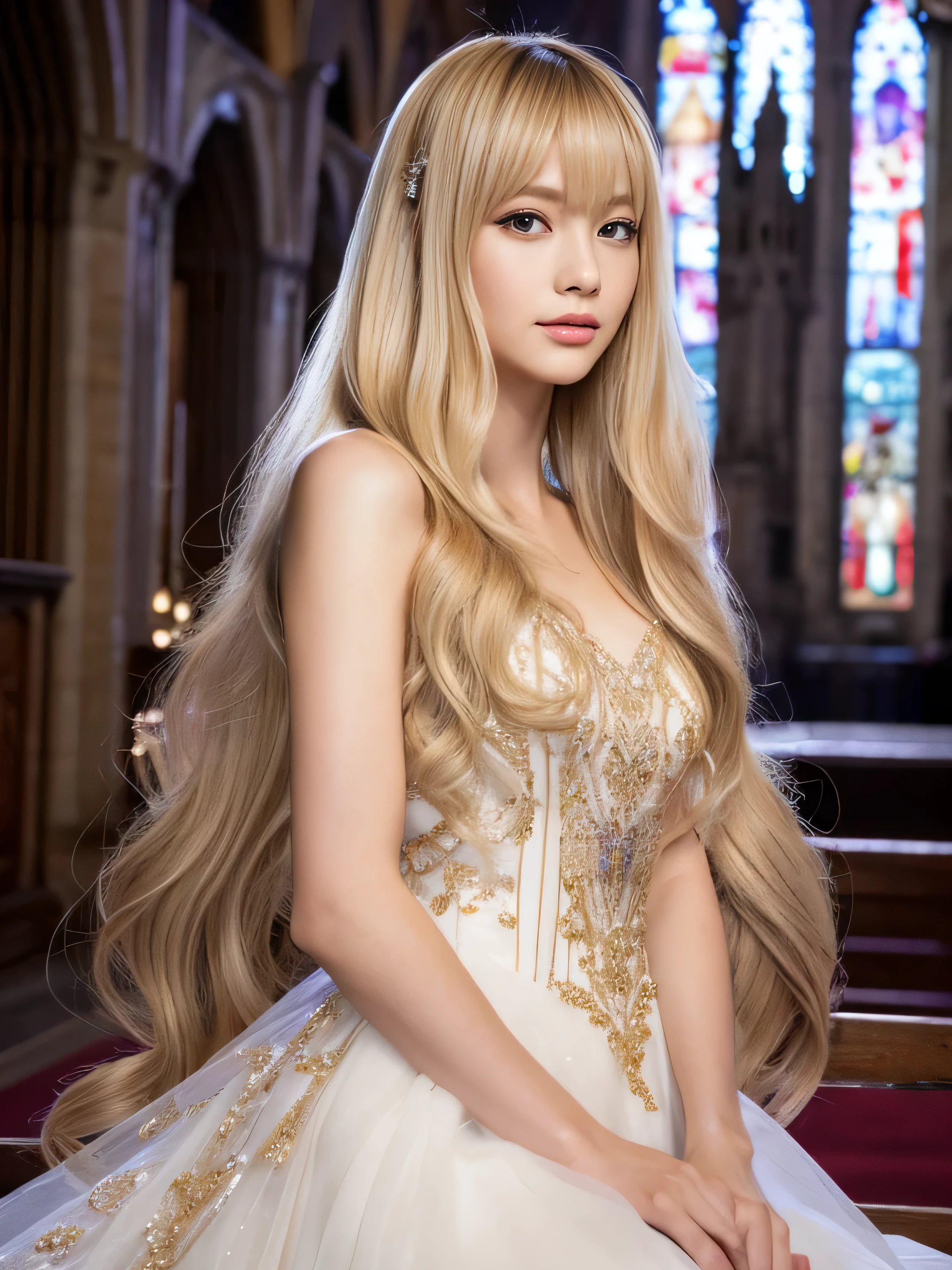 ((whole body)) (big 1.4) Beautiful Fantasy Girl ((Highest quality)), ((masterpiece)), (Get used to it), Perfect Face (1 Girl) (French) (she is 15 years old、The cutest teen in France.) ((Highest quality)), ((masterpiece)), length blonde hair length, 輝く茶colorの髪,Golden Silky Hair, Straight Brown Hair, length blonde straight hair, Perfect Silky Straight Hair, Straight Brown Hair, length blonde hair, sheの髪は長くてまっすぐだ, detailed length blonde hair ((big 1.4)) Super Long Hair down to the ankles ((Neat bangs The neatly trimmed bangs are princess cut and cover the entire forehead......))... 明るい深紅colorの唇 good, Anatomically correct hand Thin fingers Anatomically correct5本の指 Sexy professional makeup Beautiful French girl face, French facial features, Long Hair shiny Long Hair, length, 輝く茶colorの髪, length, Straight Brown Hair, sheの髪は長くてまっすぐだ, Super Long Hair girl, Silky Hair, length blonde hair, Silky Hair, length, Flat Hair, Silky texture, Long Hair, length, Flowing brown hair, thin and shiny hair Anatomically correct、White beautiful human skin and detail of hands and fingers Beautiful Eyes Mouth Details the corners of the mouth rise slightly Cool look (眉毛のcolorは濃い茶colorです) (黄color dress posing for a picture, Disney Portraits, tumbler, What it is?, wearing organza gown, dressed beautiful gown, lady using 黄color dress, color: 黄color, A woman wearing a sparkly floral dress, elegant 黄color skin, gown, Fantasy Dress, Formal Wear, light 黄color beautiful gown, 黄color theme ) (A church with high quality stained glass..) (she'Random Pause) (Random model standing pose)