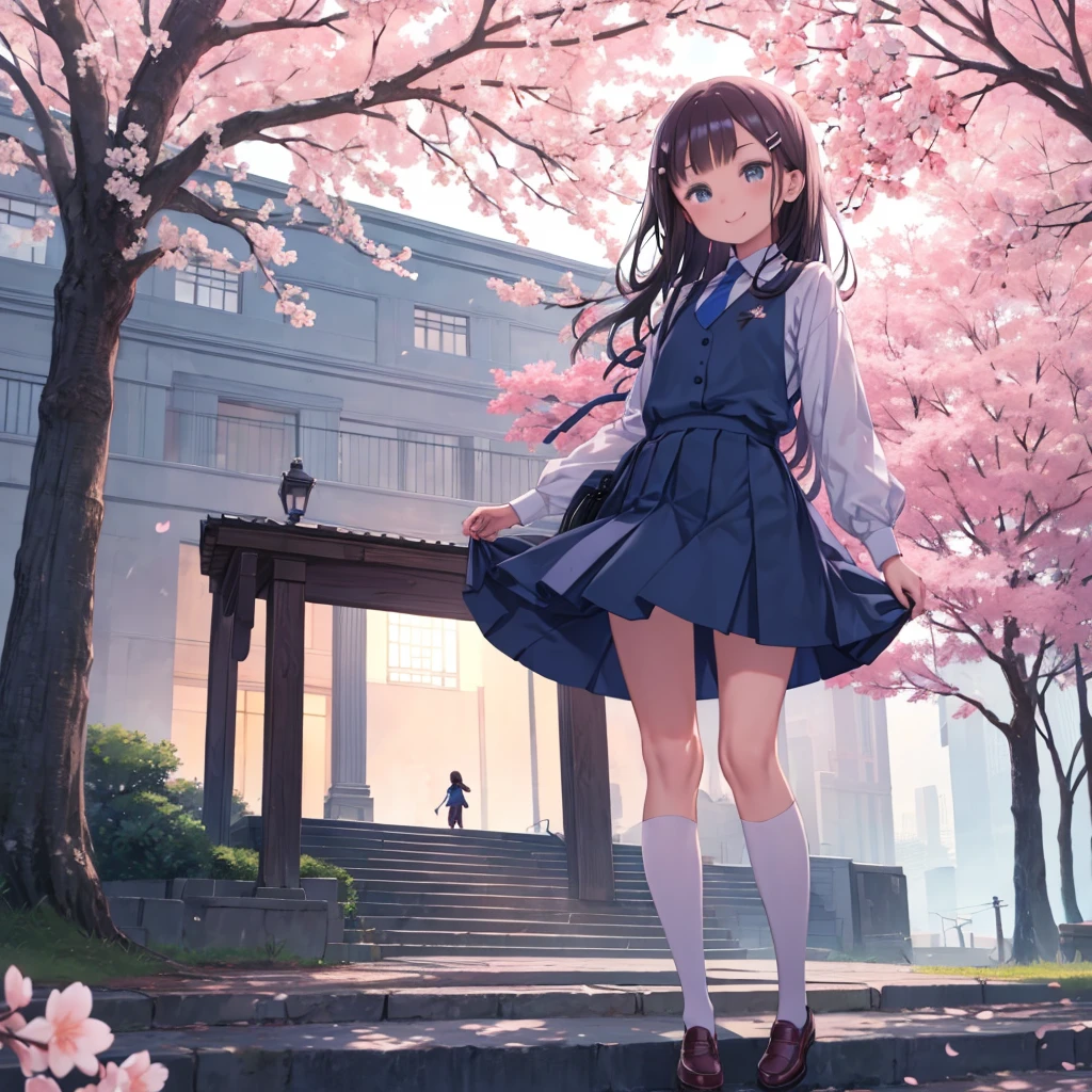 masterpiece,highest quality,High resolution,Very detailed,Bubureika,Long Hair,Hair Clip,nanairogaoka middle ,Blue tie,Blue Shirt,Collared shirt,(White shirt:1.2),Long sleeve,White shirt under Blue Shirt,Long sleeve under short sleeves,skirt,blue skirt,Knee-high,shoes下,white shoes下,shoes,Brown footwear,Outdoor,cherry blossoms,Are standing,Cowboy Shot,smile,