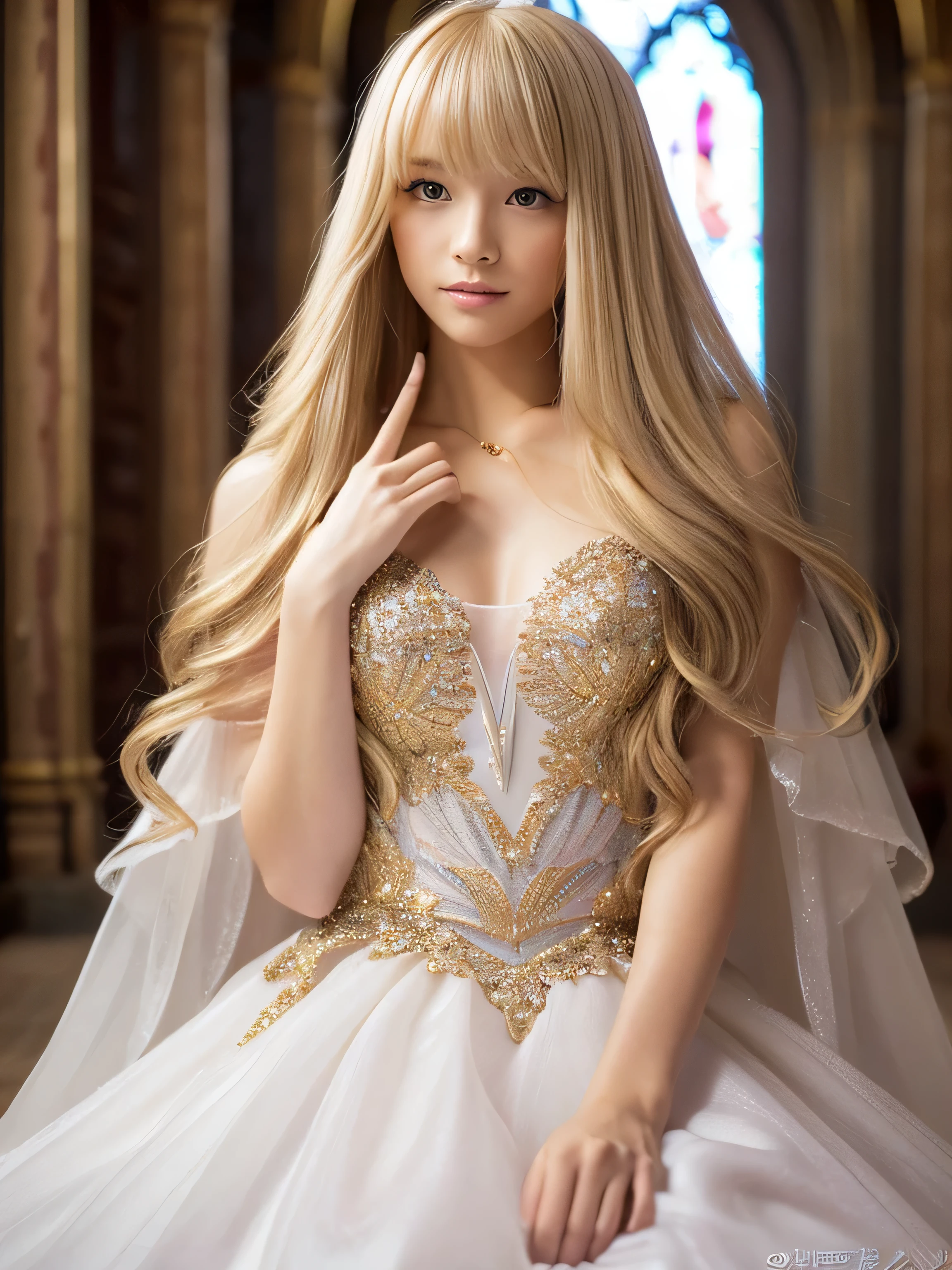 ((whole body)) (big 1.4) Beautiful Fantasy Girl ((highest quality)), ((masterpiece)), (Get used to it), Perfect Face (1 girl) (French) (she is 15 years old、The cutest teen in France.) ((highest quality)), ((masterpiece)), length blonde hair length, Shining golden hair,Golden Silky Hair, Straight blonde hair, length blonde straight hair, Perfect silky straight hair, Straight blonde hair, length blonde hair, Her hair is long and straight., detailed length blonde hair ((big 1.4)) Super Long Hair down to the ankles ((Neat bangs The neatly trimmed bangs are princess cut and cover the entire forehead.....))... Bright crimson lips good, Anatomically correct hand Thin fingers Anatomically correct five fingers Sexy professional makeup Beautiful French girl face, French facial features, Long Hair shiny Long Hair, length, Shining golden hair, length, Straight Golden Hair, Her hair is long and straight., Super Long Hair girl, Silky Hair, length blonde hair, Silky Hair, length, Flat Hair, Silky texture, Long Hair, length, flowing blonde hair, thin and shiny hair Anatomically correct、White beautiful human skin and detail of hands and fingers Beautiful Eyes Mouth Details the corners of the mouth rise slightly Cool look (The eyebrow color is dark brown.) (Yellow dress posing for a picture, Disney Portraits, tumbler, shin hanga, wearing organza gown, dressed beautiful gown, lady using Yellow dress, color: Yellow, A woman wearing a sparkling flower dress, elegant Yellow skin, gown, Fantasy Dress, Formal wear, light Yellow beautiful gown, Yellow theme ) (This is a church with high quality stained glass.) (she'Random pose) (Random model standing pose)
