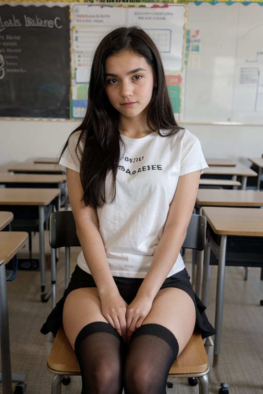 A teen girl with a Indonesia face, approximately 16 years old, is depicted in an classroom setting, sitting on the chair. She is wearing skirt and uniform. The girl can be seen in the process of peeing. (urination:1.5).