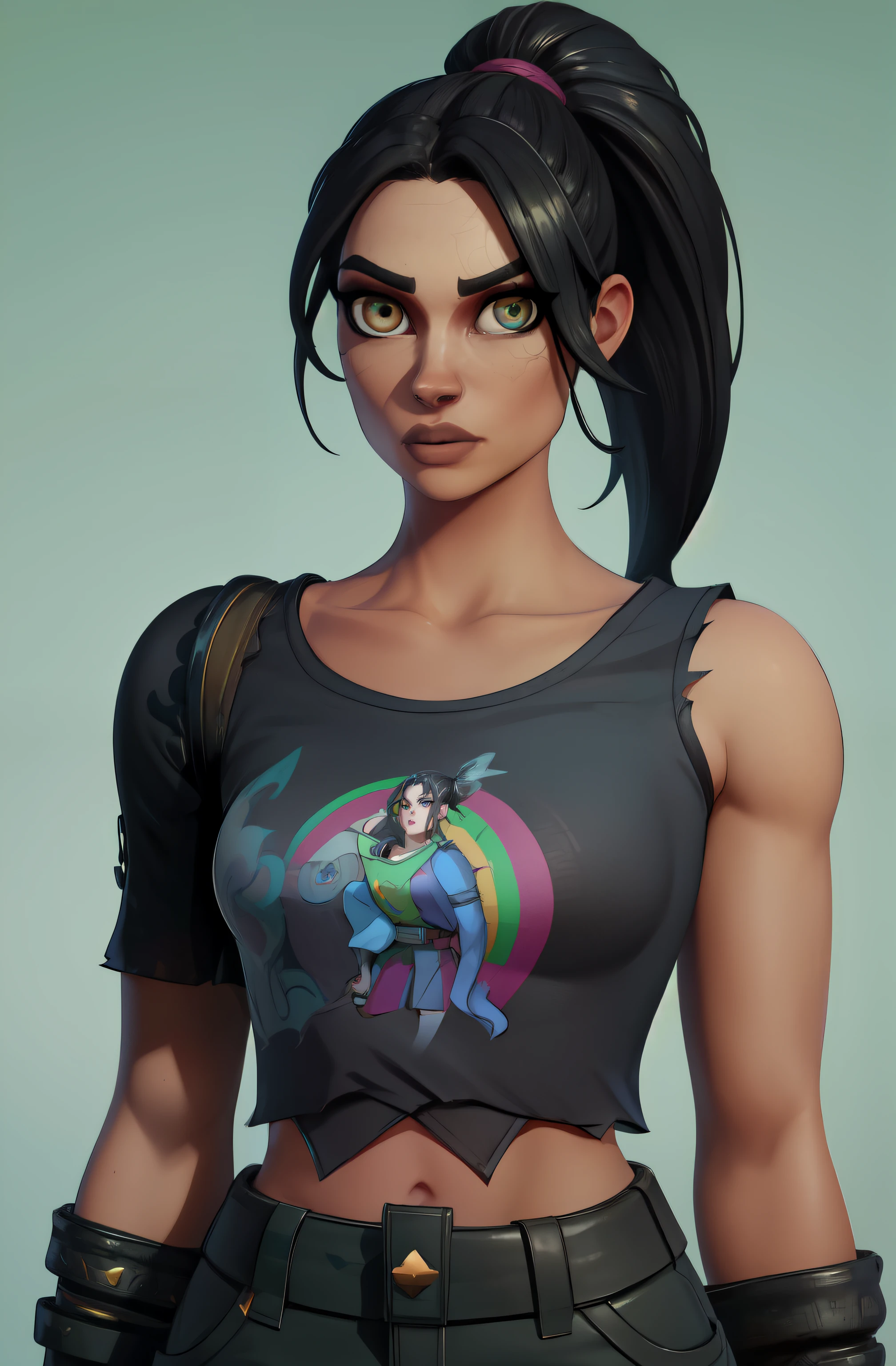 billie eillish, black hair, ponytail, green eyes, lips, black baggy top, black short shorts, black fingerless gloves, collarbone, upper body, standing, looking at viewer, avatar the last air bender in background, (insanely detailed, beautiful detailed face, beautiful detailed eyes, masterpiece, best quality),