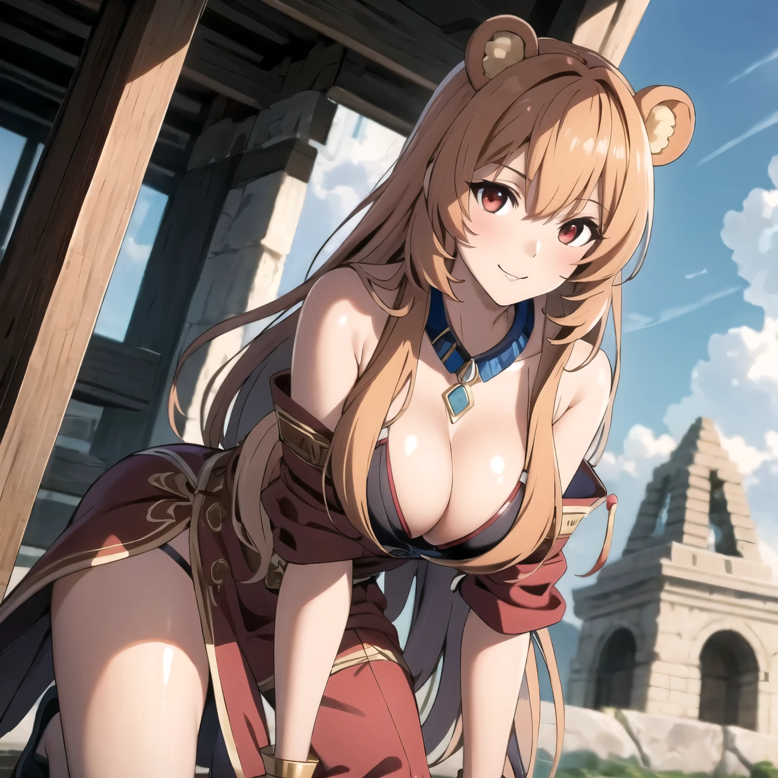1 mujer. Raphtalia woman 24 years old orange blonde hair, orejas de oso, red eyes like rubies, piel clara, pechos grandes Excelente calidad, sumamente colorido, vestida con un vestido egipcio blanco, con escote , con collar antiguo, estilo egipcio, pulseras doradas, aretes azules, , mirada muy traviesa, erotic smile, , pechos por encima del promedio, pechos firmes, entorno del antiguo Egipto, at the top of a pyramid, sol de fondo, alto contraste brilla piel grasa, piel ultra bronceada.