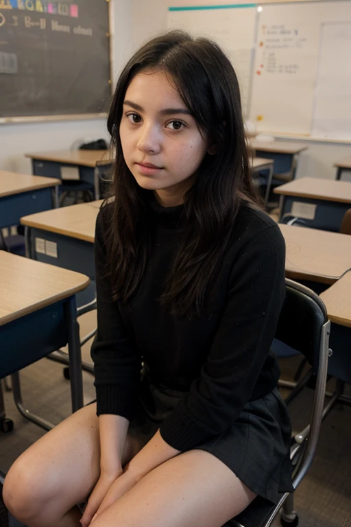 a 13 year old girl with straight black hair in a skirt sitting on a chair in a classroom 