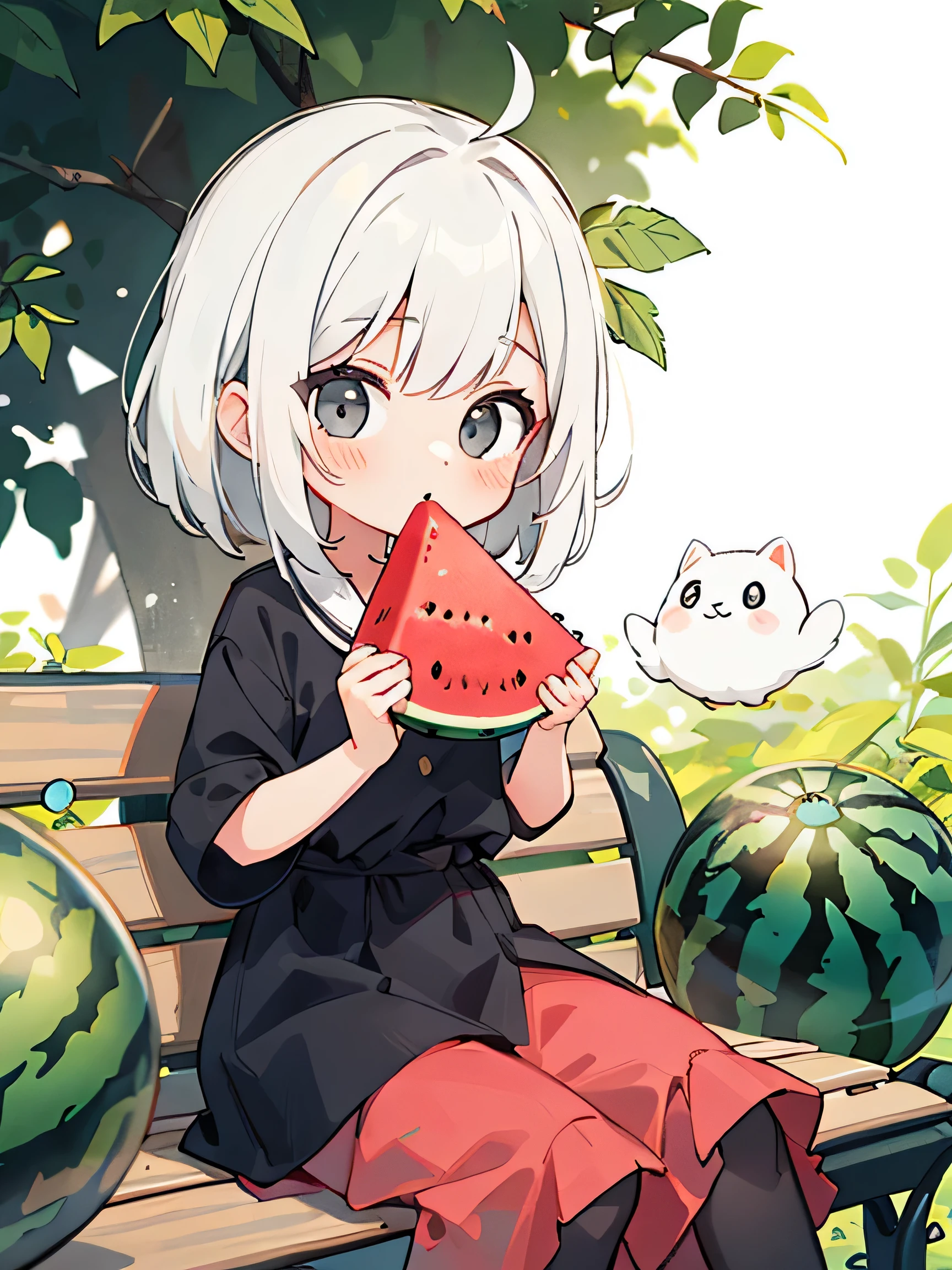 ((Black and white picture)) ((girl on a bench eating watermelon)) Kawaii Design, The Most Beautiful Girl in the World, chibi, White hair, a lot of details