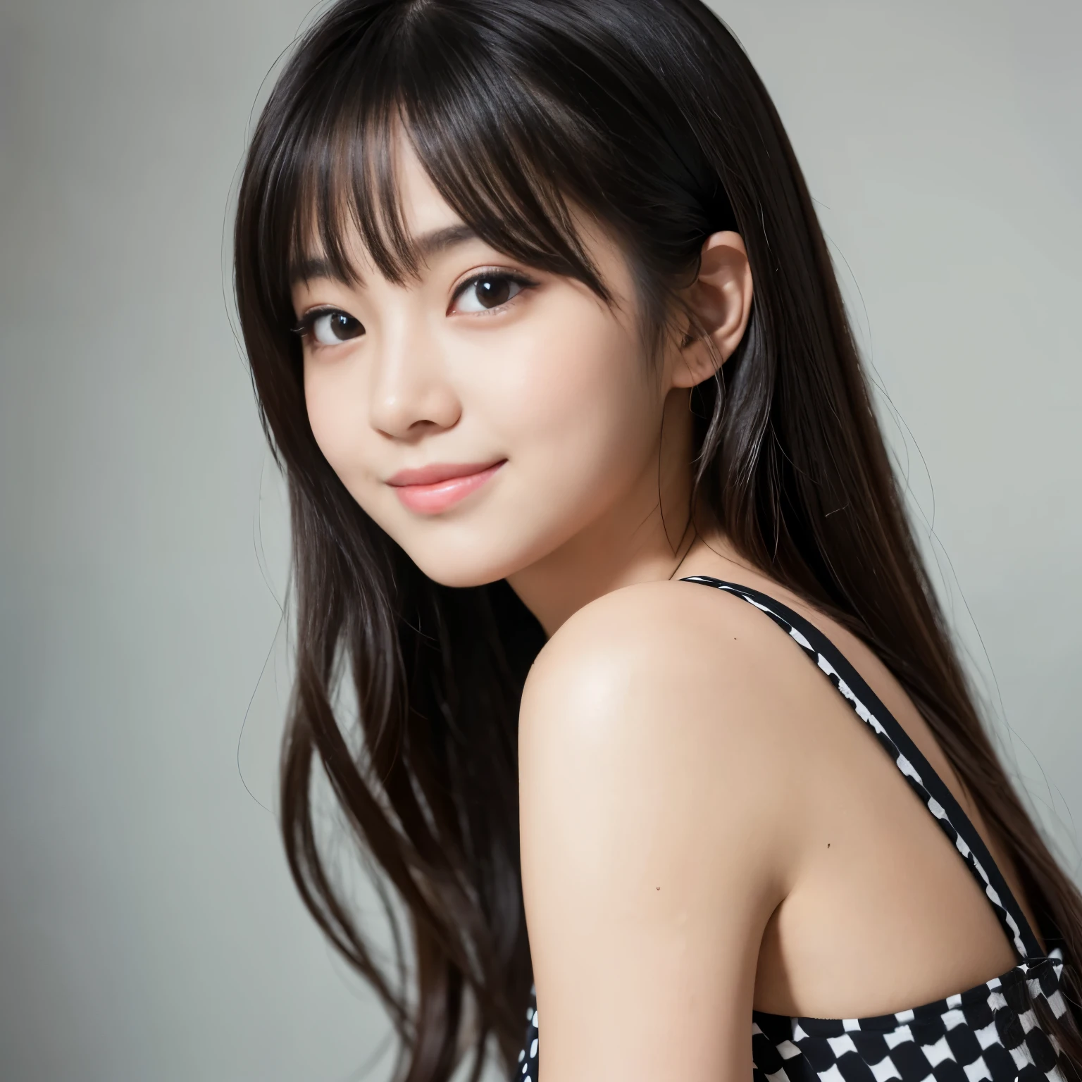 Best-quality, Masterpiece, Ultra-High-Resolution, (Photorealistic:1.4), Raw-Photo, extremely-details, perfect-anatomy, depth of field, professional-lighting,
1girl, the most famous Japanese idol,
the most cute face, ((the most cute big-black-eyes)), the most cute hairstyle,
the most beautiful hair, the most beautiful skins, the most cute long-eyelashes, the most cute lips,
leaning forward, innocent smile, looking at viewer,
wearing casual dress with cute patterned