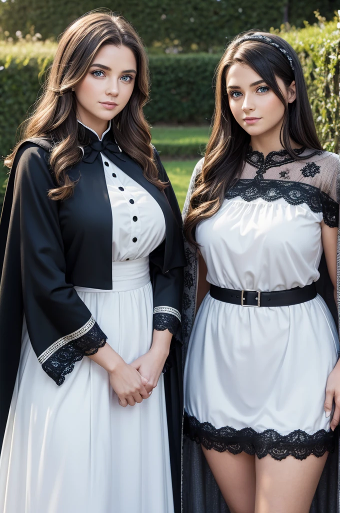 mother 30 years old and daughter 13 years old, perfect face, detailed face, blue eyes, europeans, casual, detailed face, curvy, white and black, dress with cape background: in house