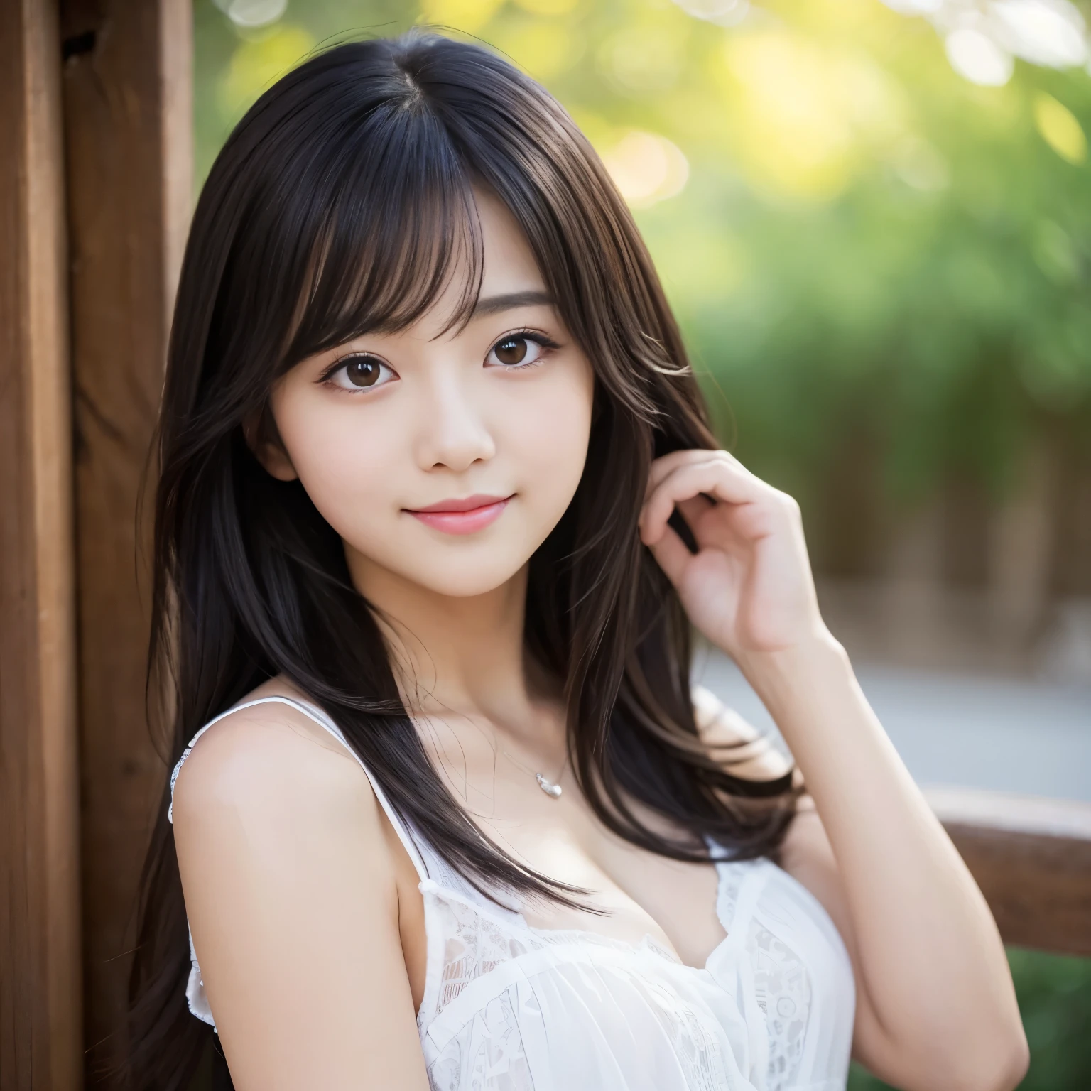 Best-quality, Masterpiece, Ultra-High-Resolution, (Photorealistic:1.4), Raw-Photo, extremely-details, perfect-anatomy, depth of field, professional-lighting, 

1girl, the most famous Japanese idol, 
the most cute face, ((the most cute big-black-eyes)), the most cute hairstyle, 
the most beautiful hair, the most beautiful skins, the most cute long-eyelashes, the most cute lips, 

leaning forward, innocent smile, looking at viewer, 

wearing casual dress with cute patterned