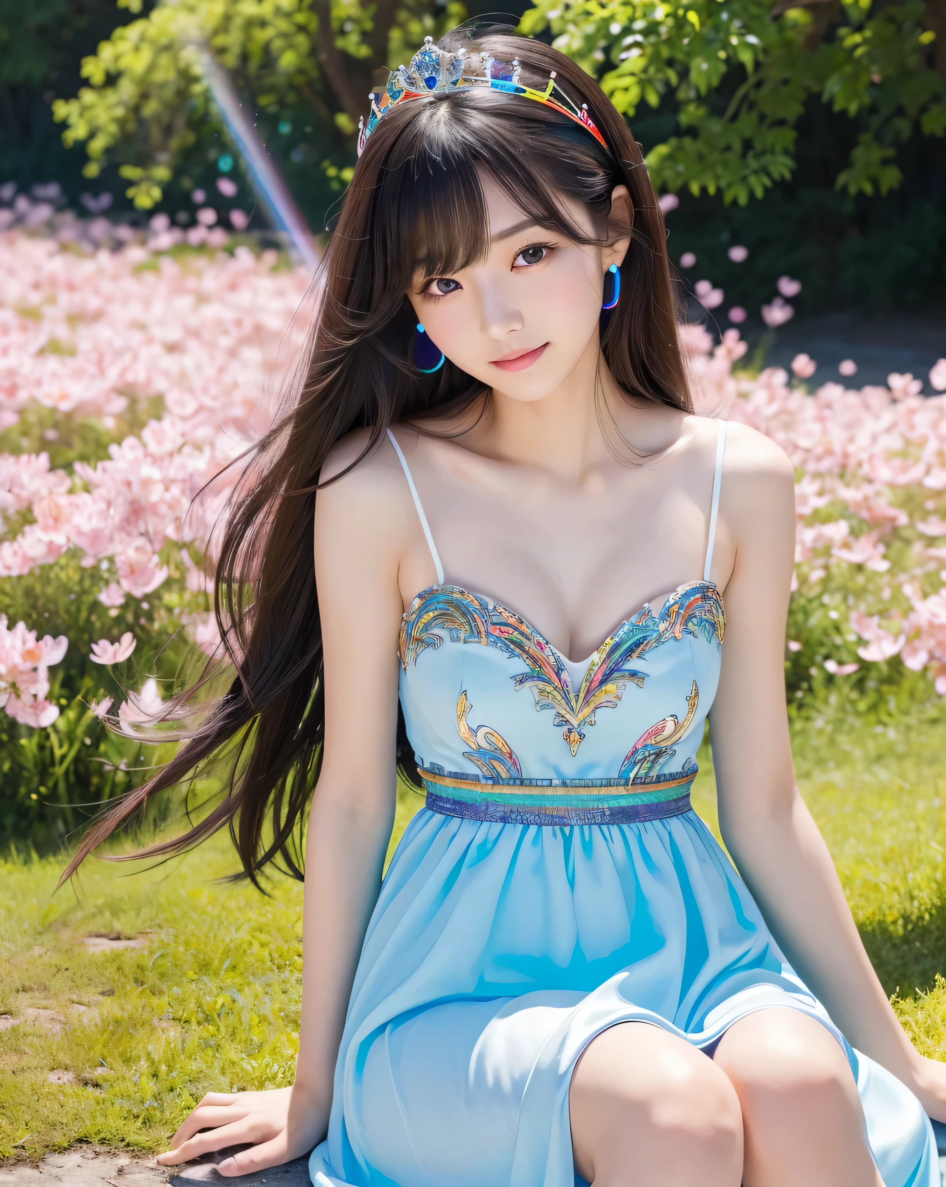 (highest quality, 32k, High resolution, masterpiece:1.5), Transparent air, Beautiful Japanese Girl, Very beautiful face, Full Body Shot, Perfect Human Anatomy, Shiny black hair, Beautiful super long straight silk hair, Asymmetrical long bangs, Hair between the eyes, Magic big eye, Beautifully trimmed thin eyebrows, Smooth and soft white skin, Pale pink lips, Natural Makeup, Cheek gloss highlight, Small Face Beauty, A kind smile, Overflowing Motherhood, ((Blue Princess Dress)), Perfect collarbone, High resolutionの美しい胸元, Slender body and large bust, High resolutionの美しい太もも, Beautiful legs, sit, Absolute area, ((On the hill in spring)), 緑の草原にsit, ((Absolute area)), Bright sunlight, blue sky, White cloud, ((Sparkling colorful light effect:1.4)), Professional Lighting, Professional Photographer, Professional Model