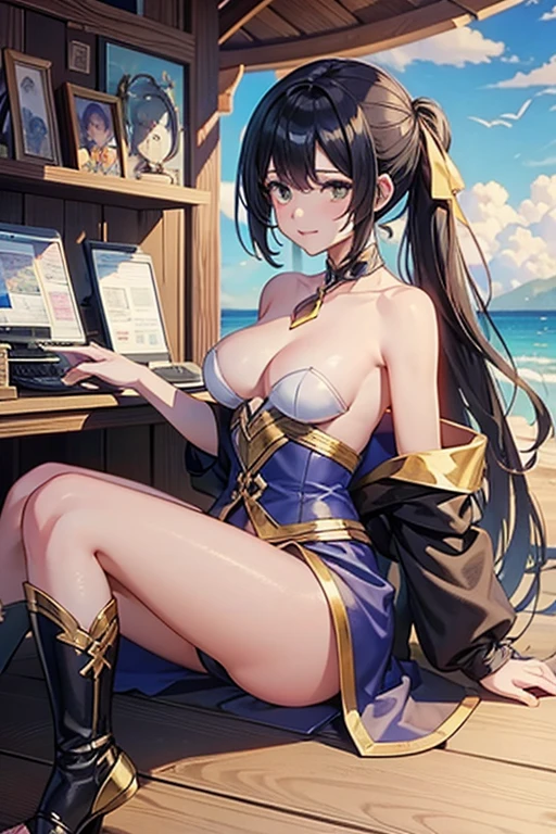 fantasy world, estilo isekai de anime, zona de comercio en la playa, estilo pixel art