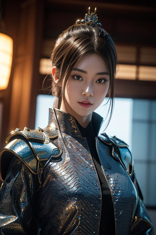 (high quality), (masterpiece), (detailed), 8K, Hyper-realistic portrayal of a futuristic (1girl1.2), Japanese character adorned with dragon scales. Meticulous details capture the seamless blend of tradition and innovation in this visually stunning composition. Trending on Artstation.