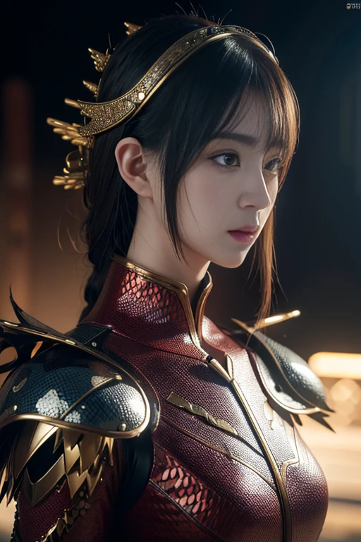 (high quality), (masterpiece), (detailed), 8K, Hyper-realistic portrayal of a futuristic (1girl1.2), Japanese character adorned with dragon scales. Meticulous details capture the seamless blend of tradition and innovation in this visually stunning composition. Trending on Artstation.