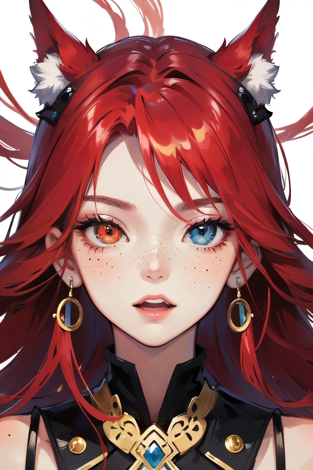 masterpiece, best quality, best quality, masterpiece, highres, focus, anime style,  woman, girl design, portrait, giesha, anime image, long hair, red hair, heterochromia eyes, hair covering ears, polished and powerful look, exotic, tall, freckles, cheerful, luxury clothing, colorful, colors