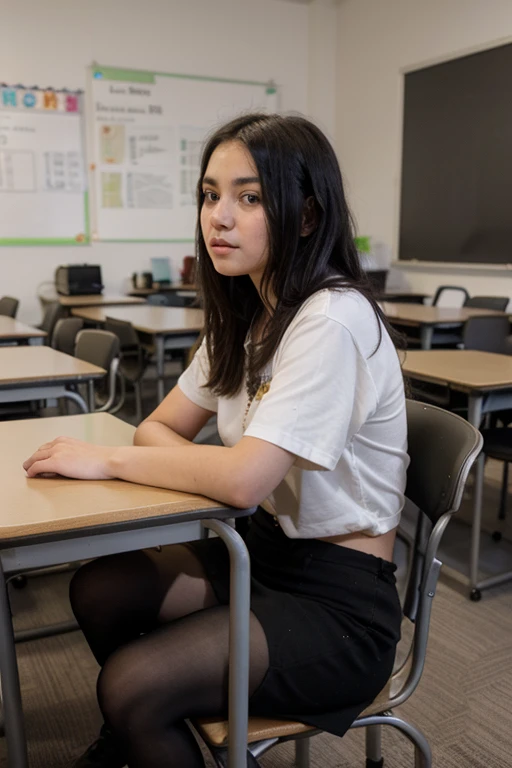 a  girl with straight black hair sitting on a chair in a classroom with more people in the background 